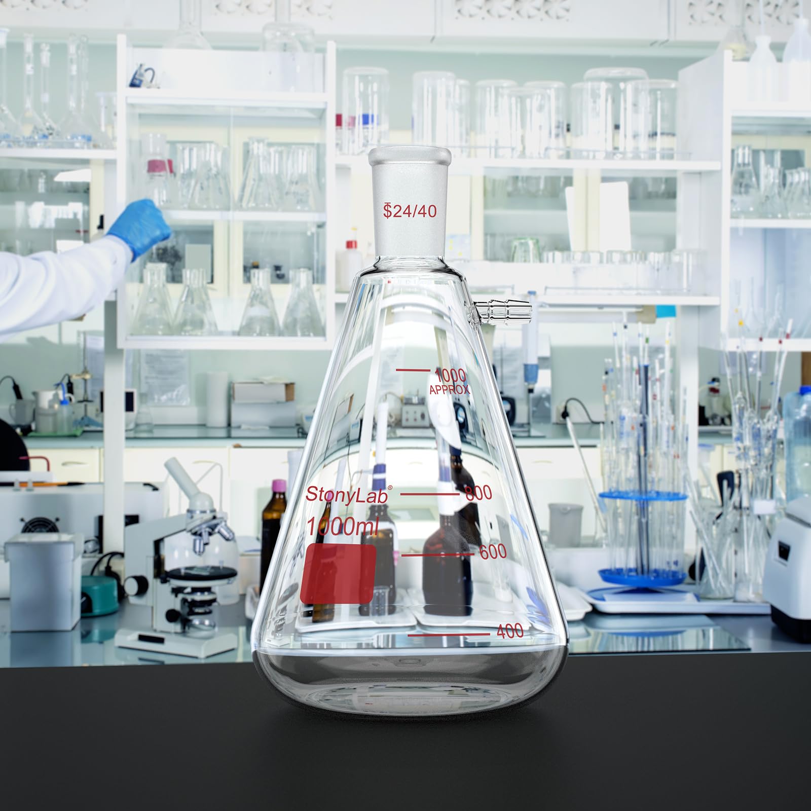 stonylab Filterkolben mit 24/40 Standard Kegel Außengelenk, Schwerwand Borosilikatglas Filterkolben, Bolzenhals mit Tubulation, 1000 ml
