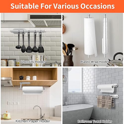 Miniatura 7 de Sopalin Kitchen Roll Holder Stainless Steel Toilet Paper Holder without Drilling for Kitchen, Bathroom with 2 Adhesive Hooks, Silver