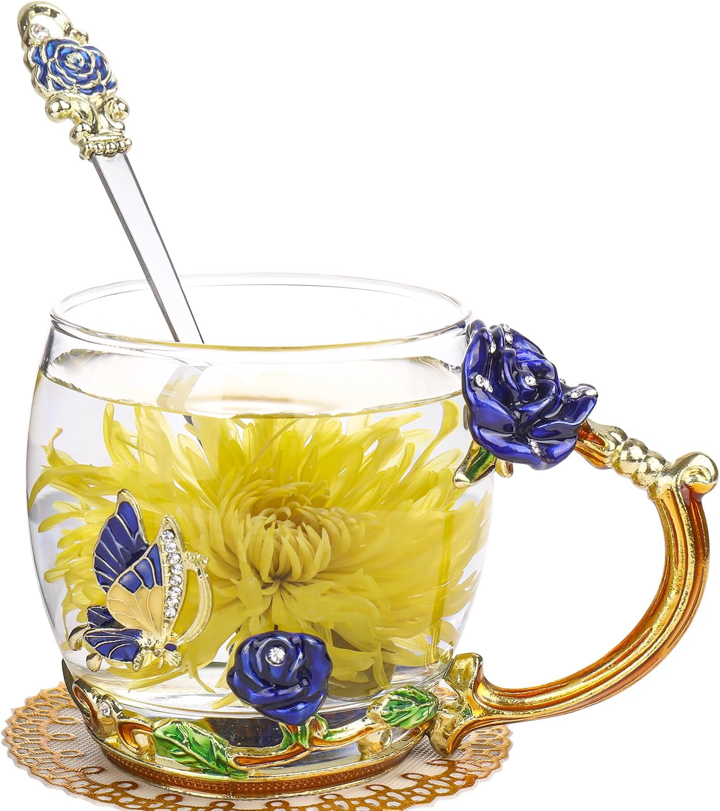 ONEPENG Birthday Gifts For Women, Glass Flower Tea Mugs(Rose-Blue-Short)