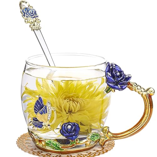onepeng Gifts for Women, Exquisite Tea Cup, Best Birthday Gift For Mom Wife Friends Mothers Valentines Day Christmas, Durable Glass Coffee Mug - Cup-Blue-S