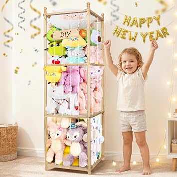Wooden Stuffed Animal Zoo, Large Toy Storage Organizer for Kids Plushies & Stuffies, Decorative Toy Holder and Display Case for Nursery, Playroom & Bedroom Organization White Cords