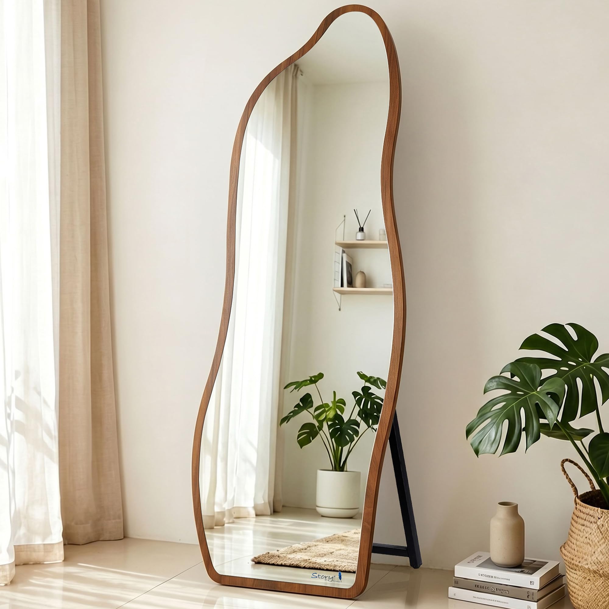 Story@Home Asymmetrical Mirror 5.25 Feet | Wooden Mirror Full-Length | Aesthetic Standing Mirror for Bedroom, Home Decor Wall Mounted for Bedroom Living-Room - Walnut Frame-image-5
