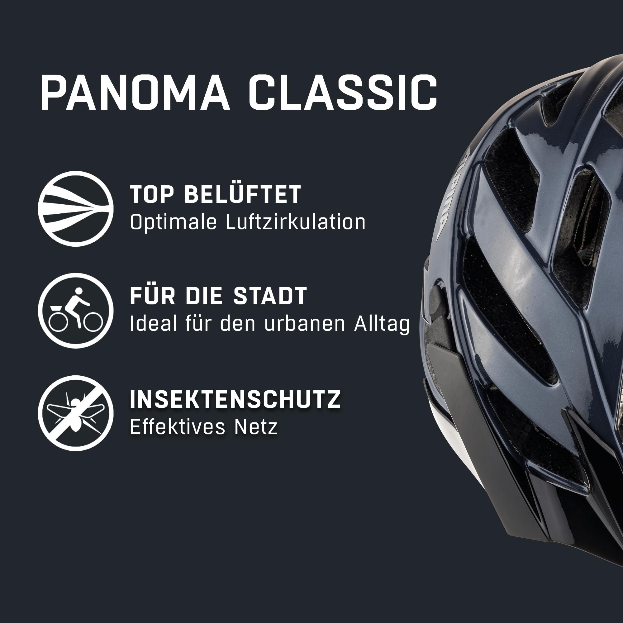 ALPINA PANOMA Classic, Black Gloss, 56-59 cm, Casque de vélo de Tourisme optimalement ventilé avec lumière LED optionnelle pour Adultes