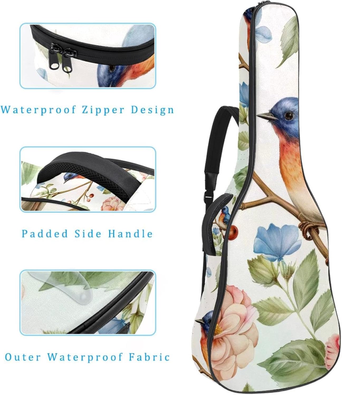 Acoustic Guitar Gig Bag 1 cm Thick Padding, Waterproof Electric Guitar Bag 40-42 Inch Guitar Case Backpack with Dual Shoulder Strap, Watercolor Natures Floral Bird and Butterfly