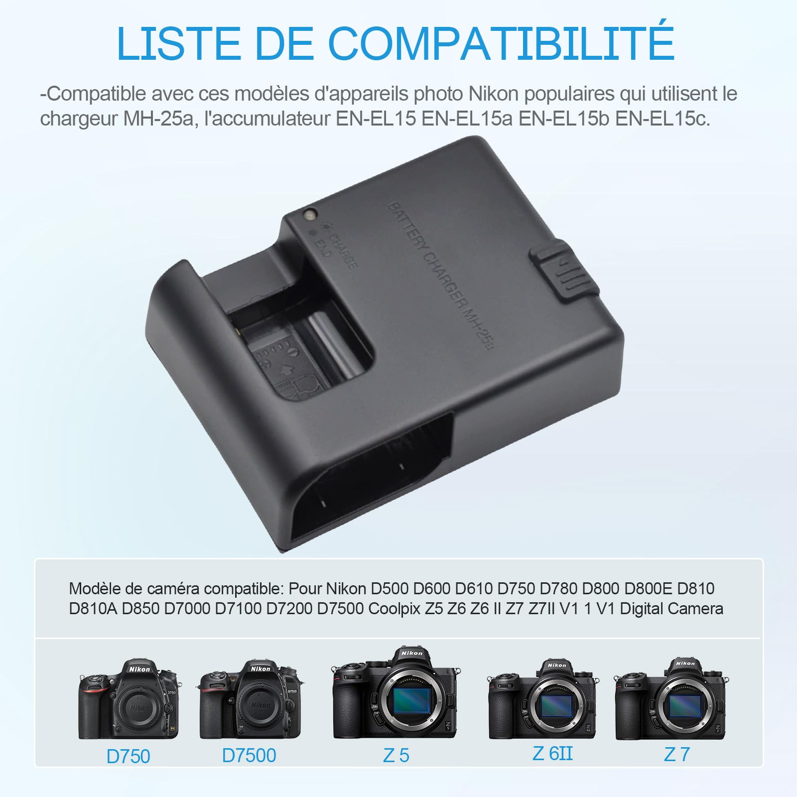 MH-25a - Caricabatterie compatibile con EN-EL15c EN-EL15 EN-EL15a EN-EL15b Batteria Nikon D850 D750 D7500 D7200 D7000 D7100 Coolpix Z5 Z6 Z7 D610 D600 D800 D80 10 Macchina fotografica & 100 cm AC Cord