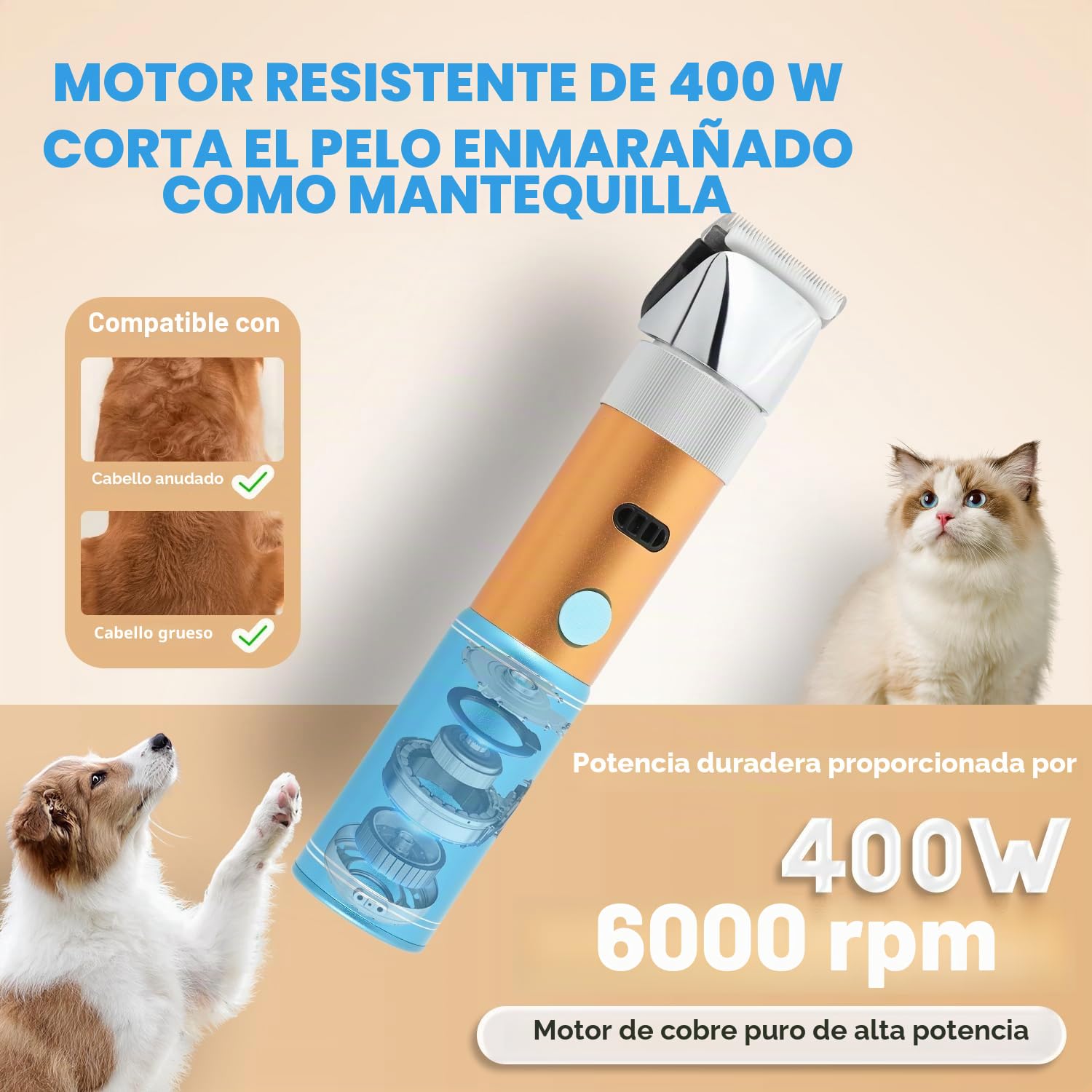 CGOLDENWALL 400W Cortapelo para Perros Gatos Mascotas Profesional Batería Recargable con Cabezal de Corte Extraíble de 3mm + 6mm - 5h en Espera - Bajo Ruido Menos de 50db