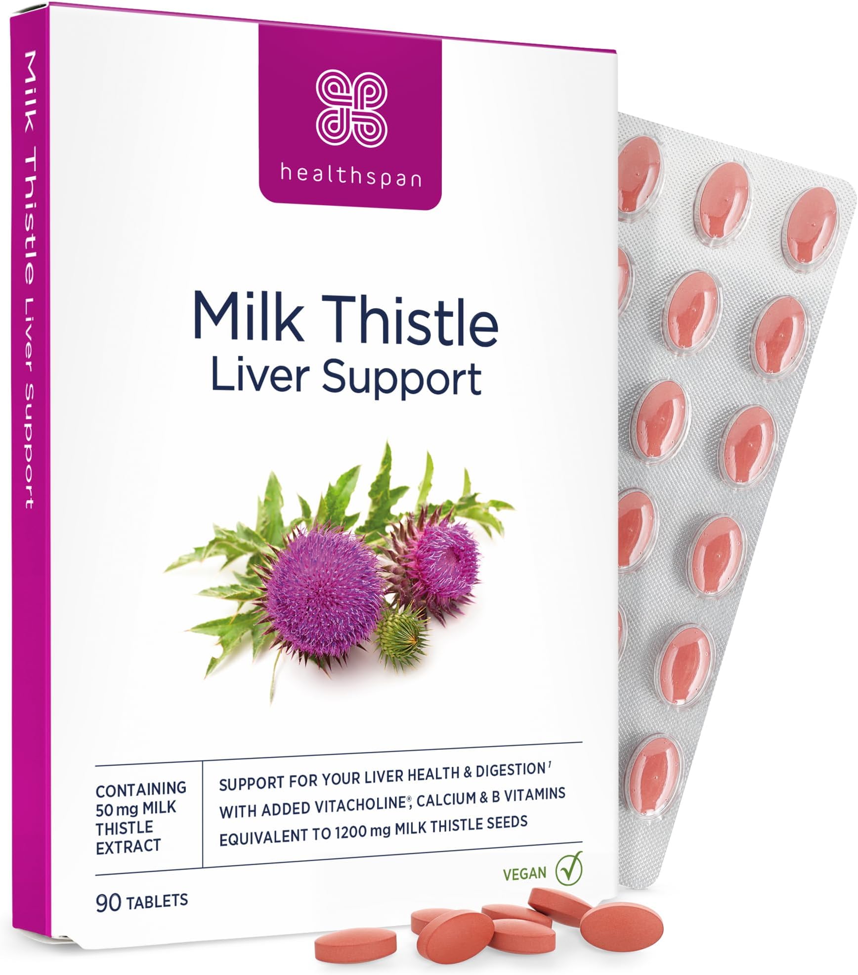 Healthspan Milk Thistle Liver Support (90 Tablets) | 80% Silymarin Content | 50mg Milk Thistle Extract | with B Vitamins, Calcium & Choline to Support Your Digestive Health & Liver Function | Vegan