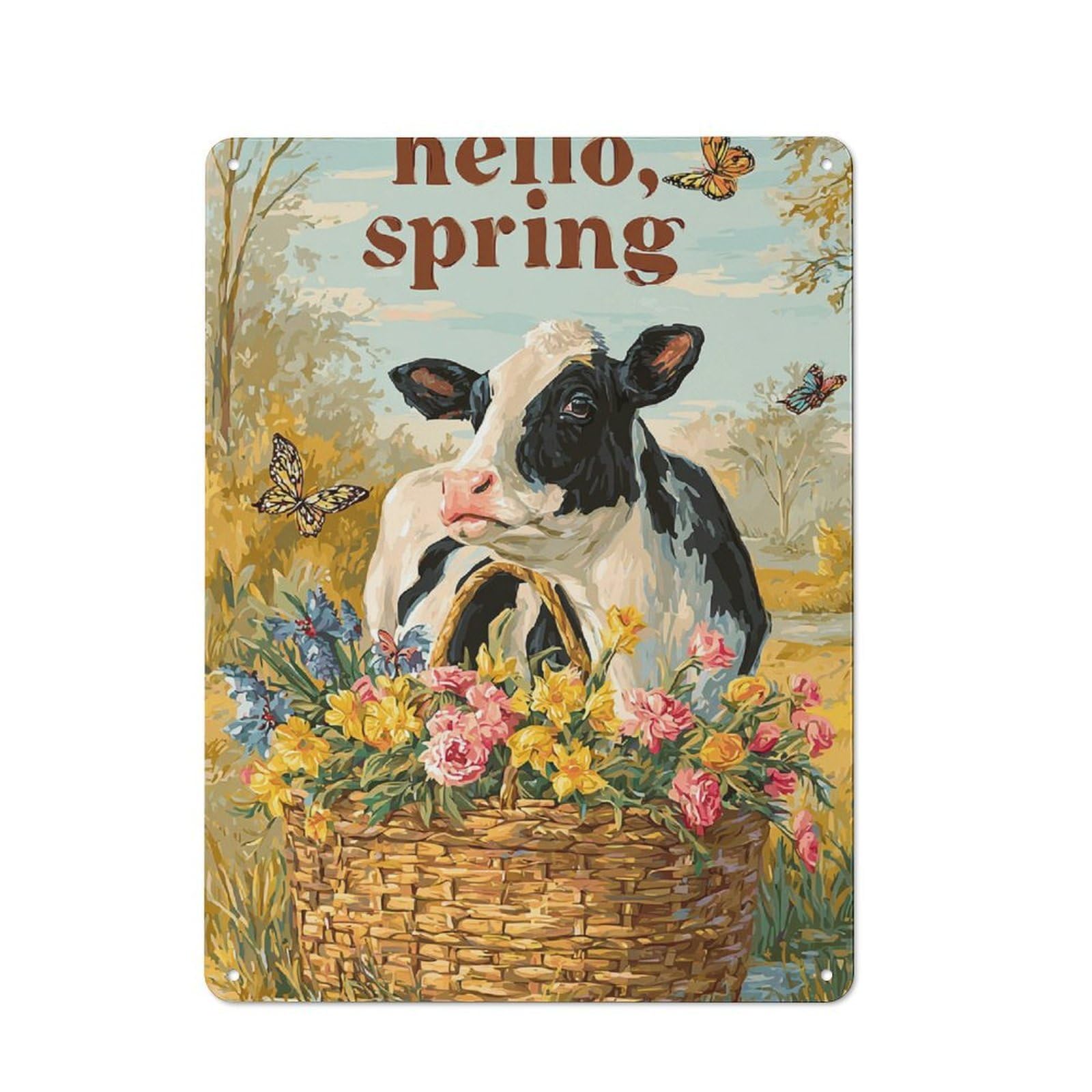 Junmoney Spring Cow & Flowers Metal Plaque 40X30cm With For Hallway Wall, Retro Decor, For Wall Display Collectors