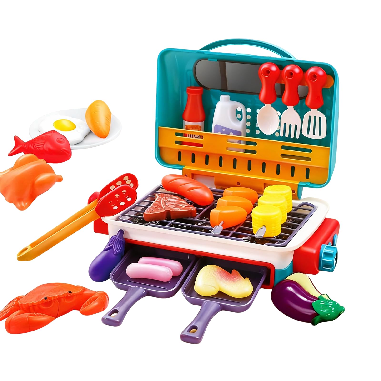Kids BBQ Grill Toys Set, Kids Pretend Kitchen Role Play Set, Kitchen Toy Set with Spray Sound & Color-Changing Food 30+ PCS Play Kitchen Accessories,Simulation Camping Cooking Interactive Toys (Pink)