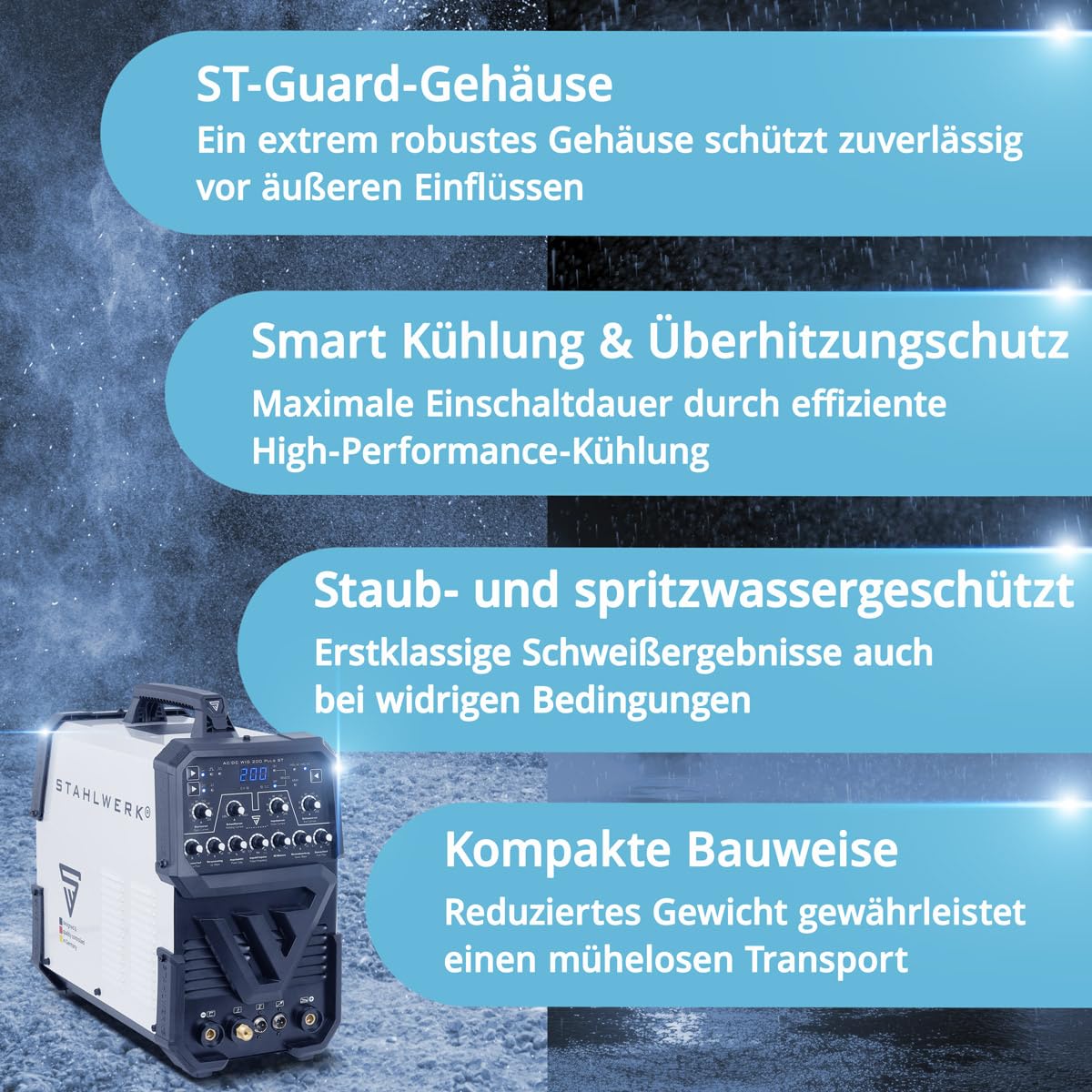 STAHLWERK Schutzgasschweißgerät AC/DC WIG 200 Puls ST – IGBT-Inverter mit AC-Modus, MMA (E-Hand/ARC) bis 200 A, HF-Zündung, Pulsfunktion, 2T & 4T-Modus, Hotstart, Anti-Stick, für Alu & Dünnblech