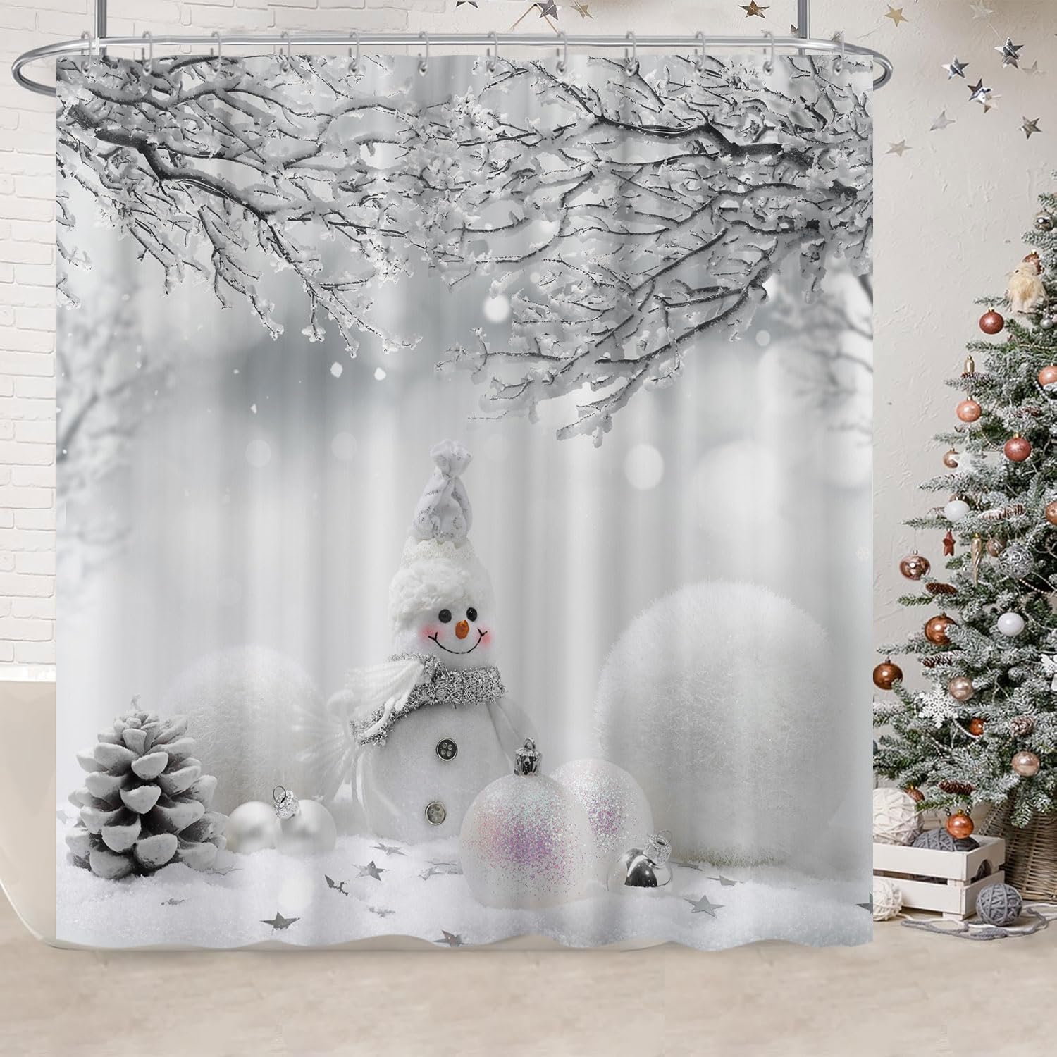 Christmas Snowman Shower Curtain, Cute Snowman Balls Snowflake in Grey Winter Snow Forest Decorative Shower Curtain Set, Xmas Holiday Gray Shower Curtain 12 Hooks Included Polyester 72"X72"Inch
