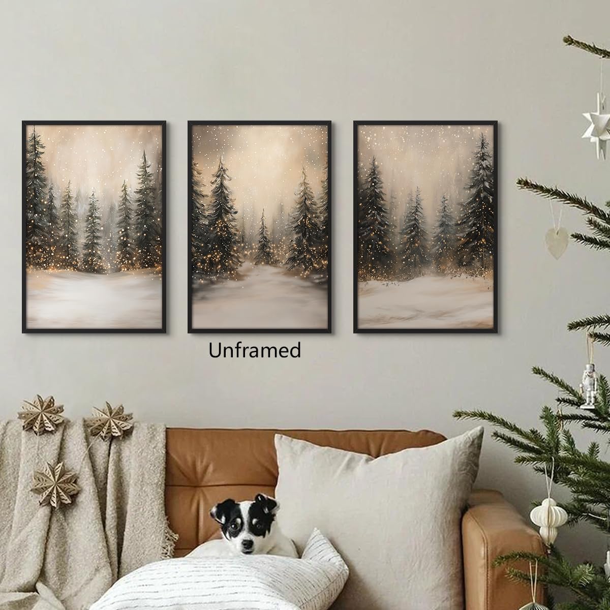 Christmas Canvas Wall Art, Winter Snowy Pine Tree Forest Landscape Painting Poster, 3pcs Evergreen Tree Picture Moody Print, Classic Xmas Holiday Prints for Living Room Bedroom 16x24in Unframed Unframed Set 02 16"L x 24"W