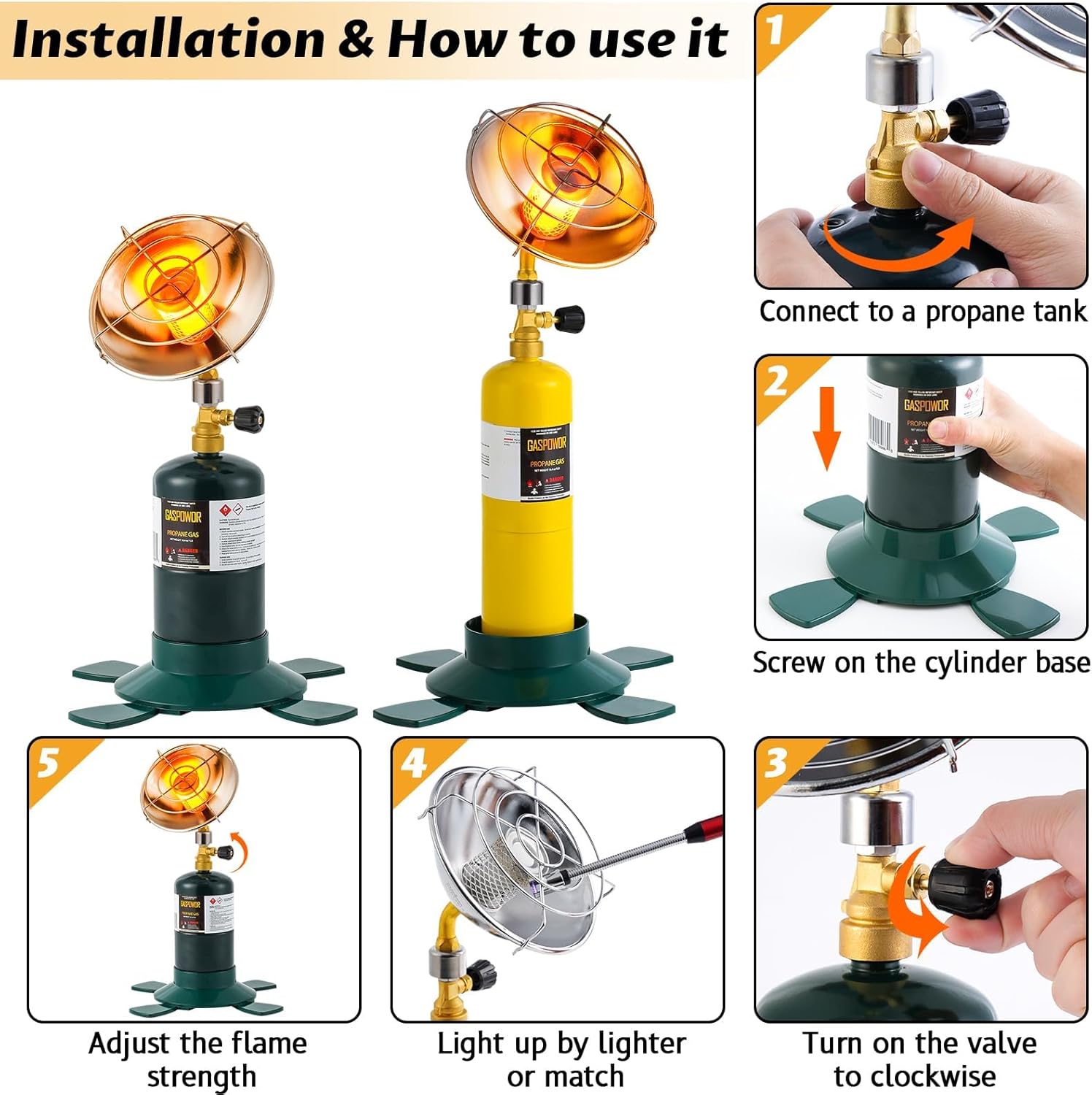 6200BTU Propane Heater with Windproof USB lighter, Gas Heater Camping, Outdoor Propane Heater with Cylinder Stand (Fuel not included)