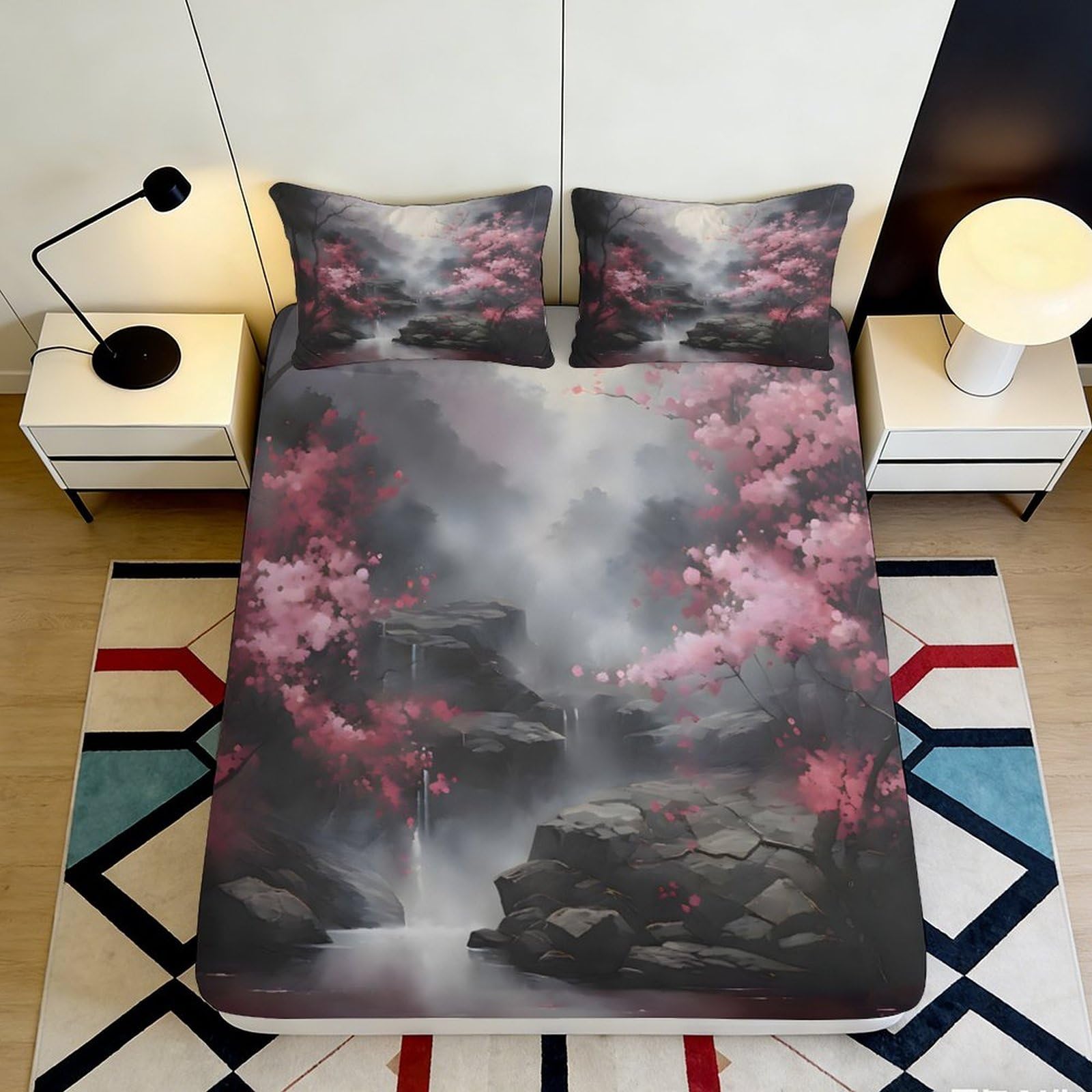 Jqzkxnhpbr Style-3 3D Printed Sakura Waterfall Fitted Sheet Microfiber Soft Anti-Slip Bed Sheet For Bedroom Dorm Room Decor 90X200x25cm