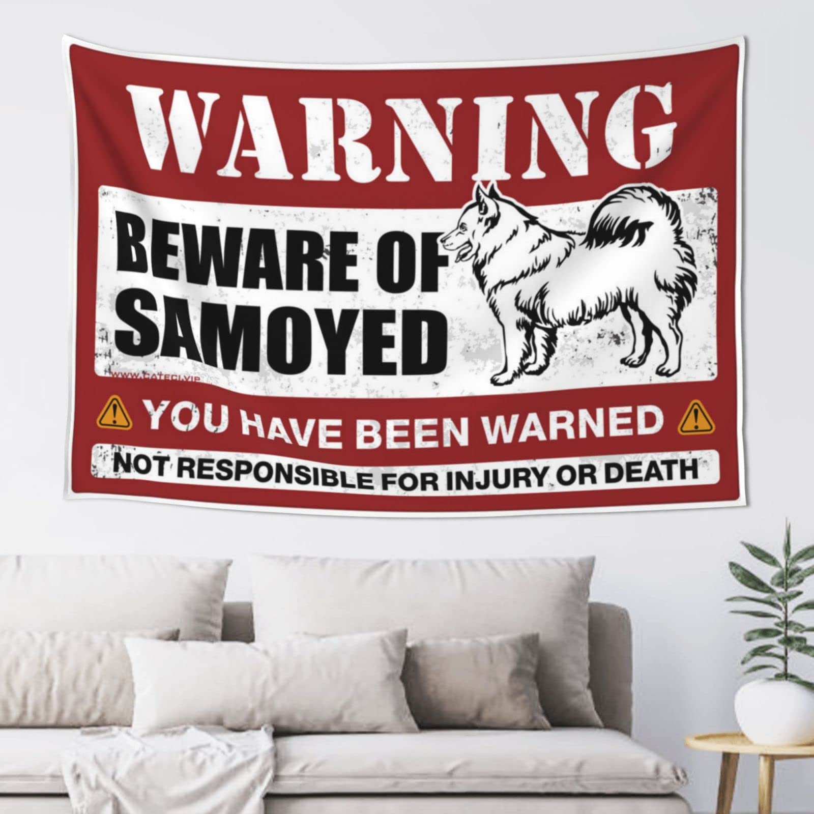 PRAVOXI Man Cave Accessories And Decor Beware Of Samoyed Tapestry Funny Sogns Bedroom Accessories(100X150CM)