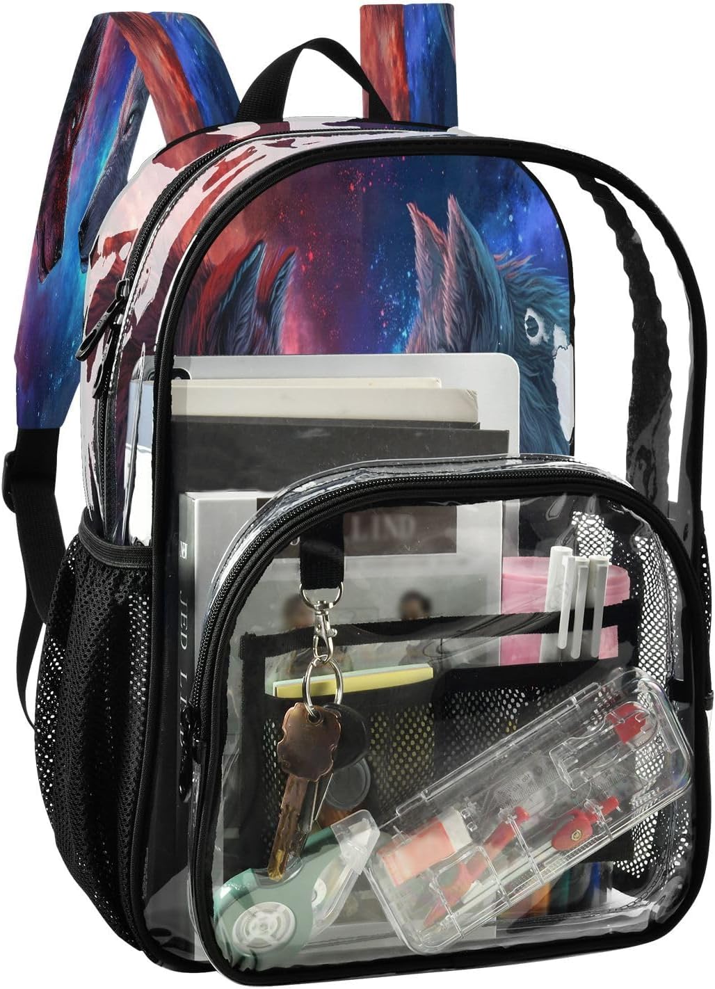 Wolf Space Galaxy Nebula Clear Backpack Heavy Duty See Through Transparent PVC BookBag for Kids Boy Girl Adult School Work
