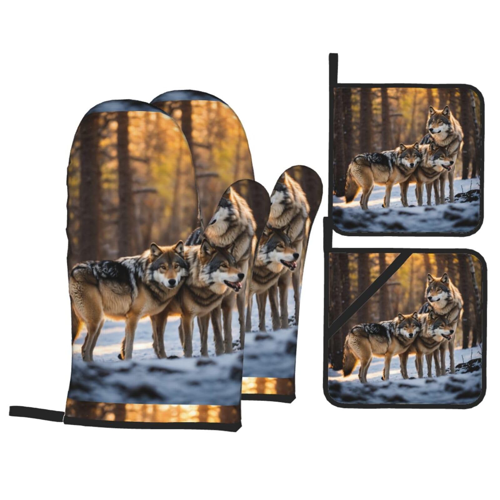 Wolfs Print Kitchen Oven Mitts And Pot Holders Set,Hanging Loop Design For Cooking Baking Bbq