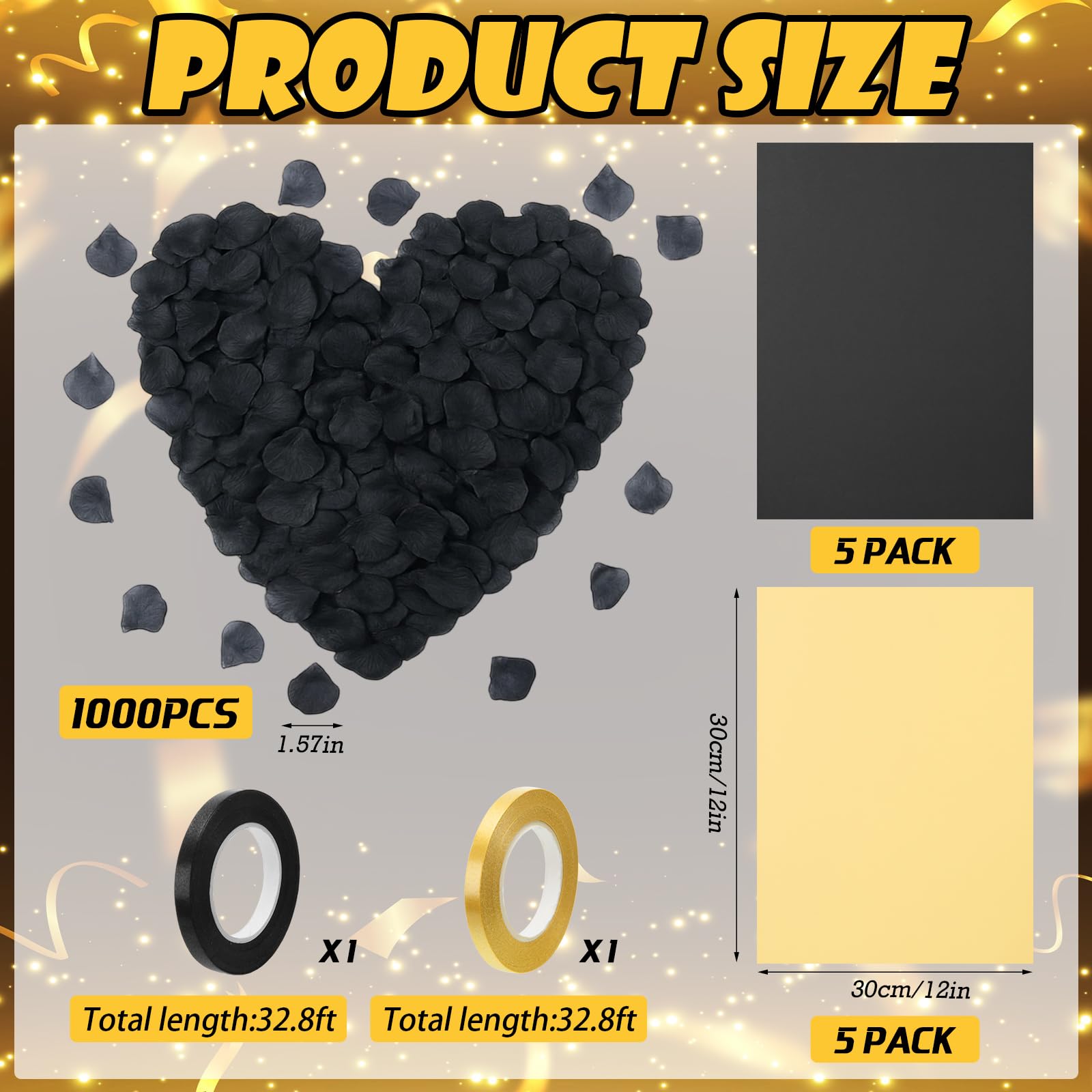 AmazingSpark 5 Senses Gift Valentines Day Decorations for Him/Her, Five Senses Gift Bags Decor with Rose Petals Heart-shaped Tissue Paper, Black Present Boxes for Birthday Anniversary Wedding Party