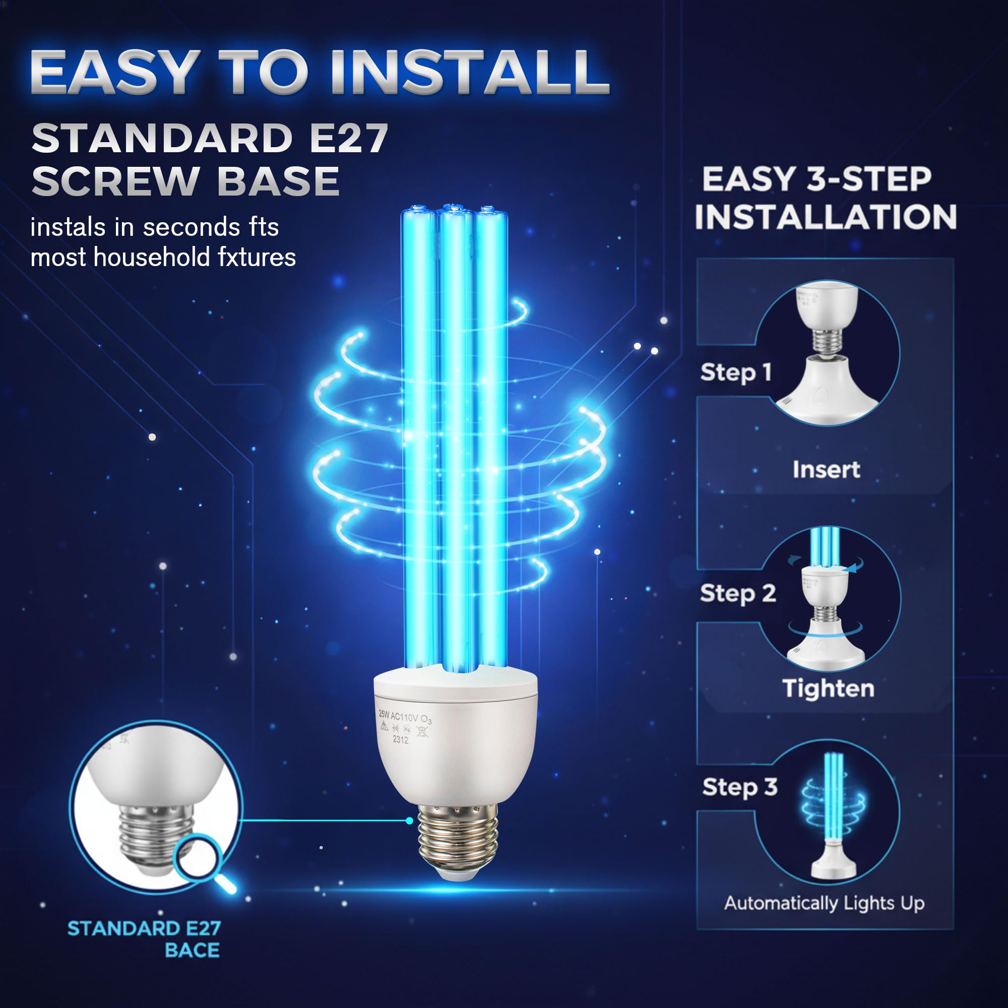 Enhon 25W UV-Lampe, 254nm UVC-Desinfektionslampe mit E27-Sockel, 360° Sterilisation für 500 ft², Wirksam gegen Bakterien in Wohnzimmer, Küche, Büro, Keller (Ozon)