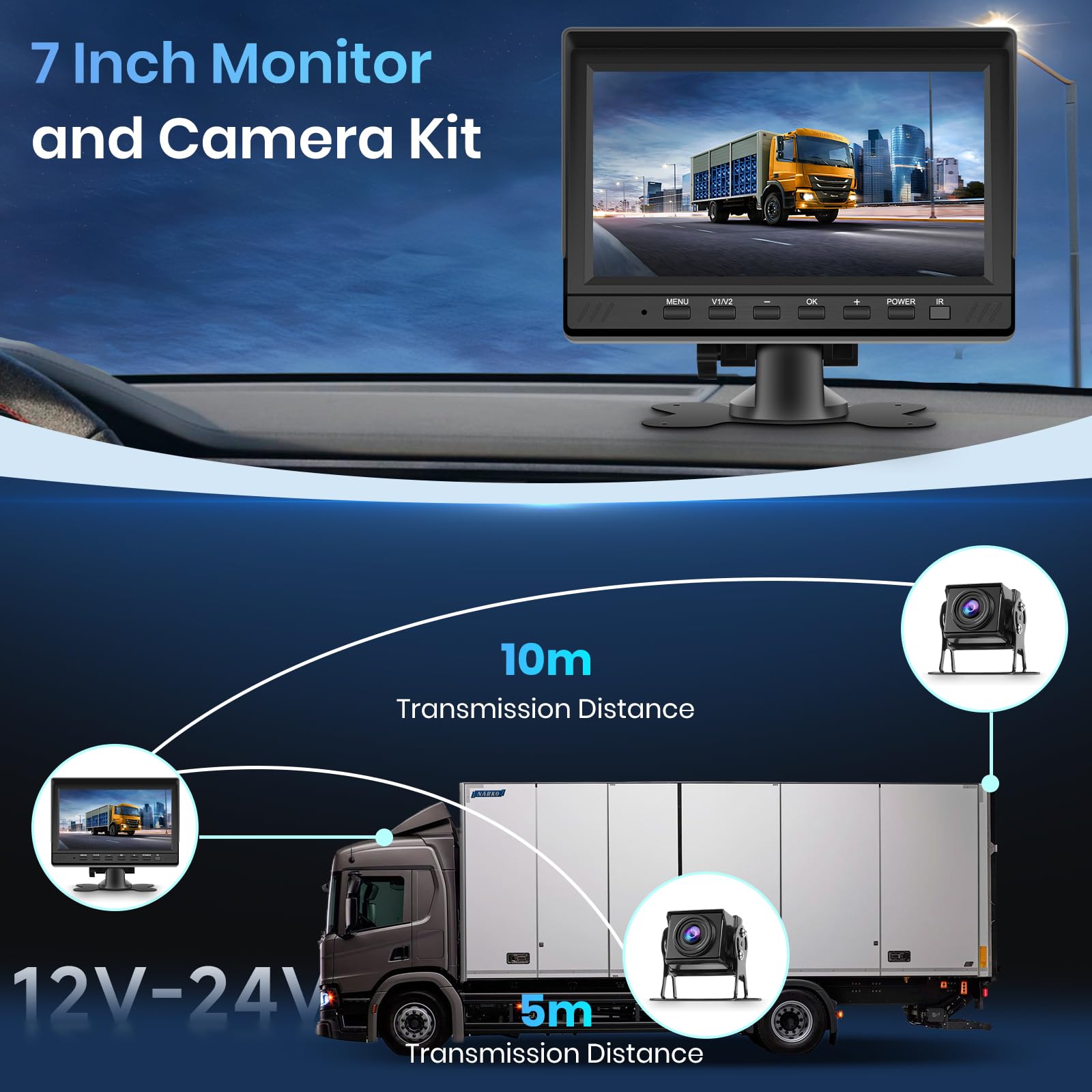 VECHTEL Kit Telecamera Posteriore IPS HD 7 Pollici con 2 Telecamera, Telecamera Retromarcia Auto con Impermeabile IP68 Visione Notturna DVR per 12V-36V Camion Autobus Furgoni Camper Pickup