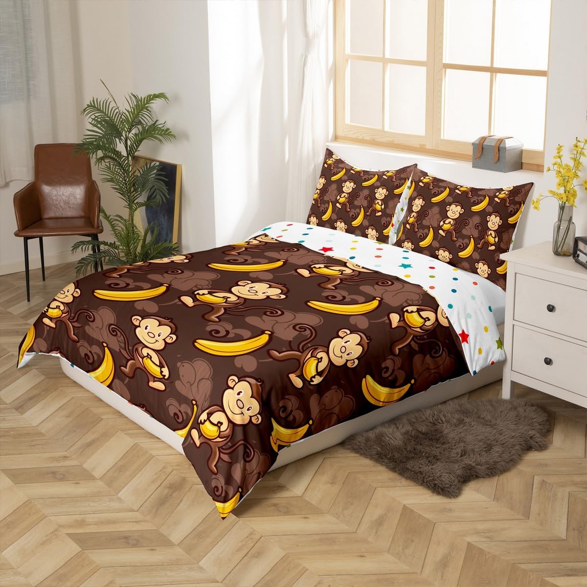 jejeloiu Monkey Bedding Set Full Size Kids Banana Comforter Cover for Boys Girls Teens Cute Cartoon Animals Duvet Cover Soft Lightweight Microfiber Room Decor,No Stuffing