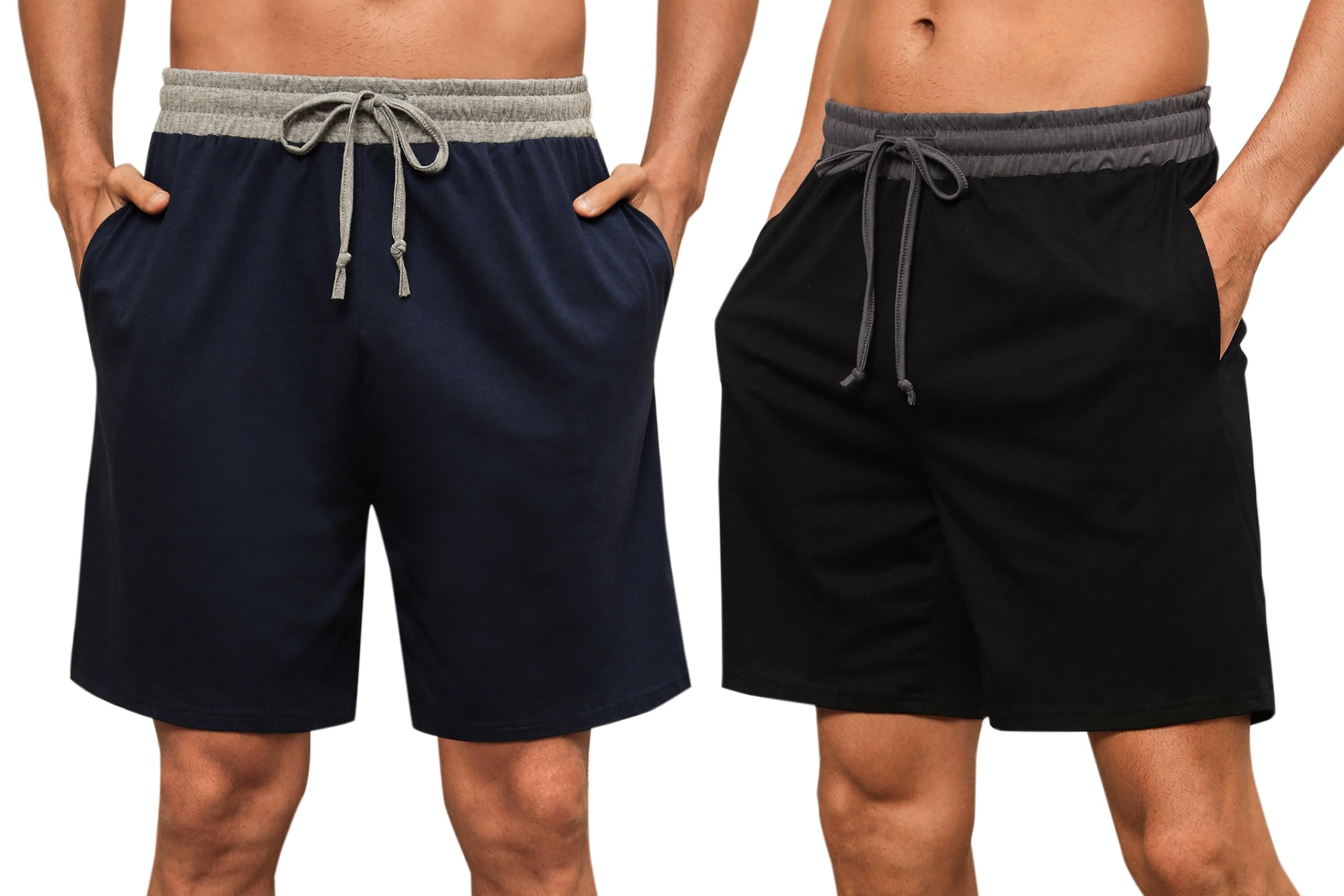 Nieery 2er-Pack Schlafanzughose Herren kurze Baumwolle Sommer PyjamShorts Freizeithose Loungehose mit Seitentaschen und Elastischem Bund