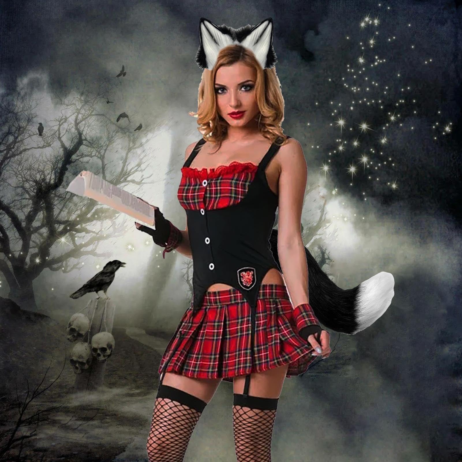 Costume di Halloween realistico, morbido e confortevole | Halloween Cosplay coda fascia orecchie per festa di compleanno personaggio sfida parata mascherata fidanzata moglie