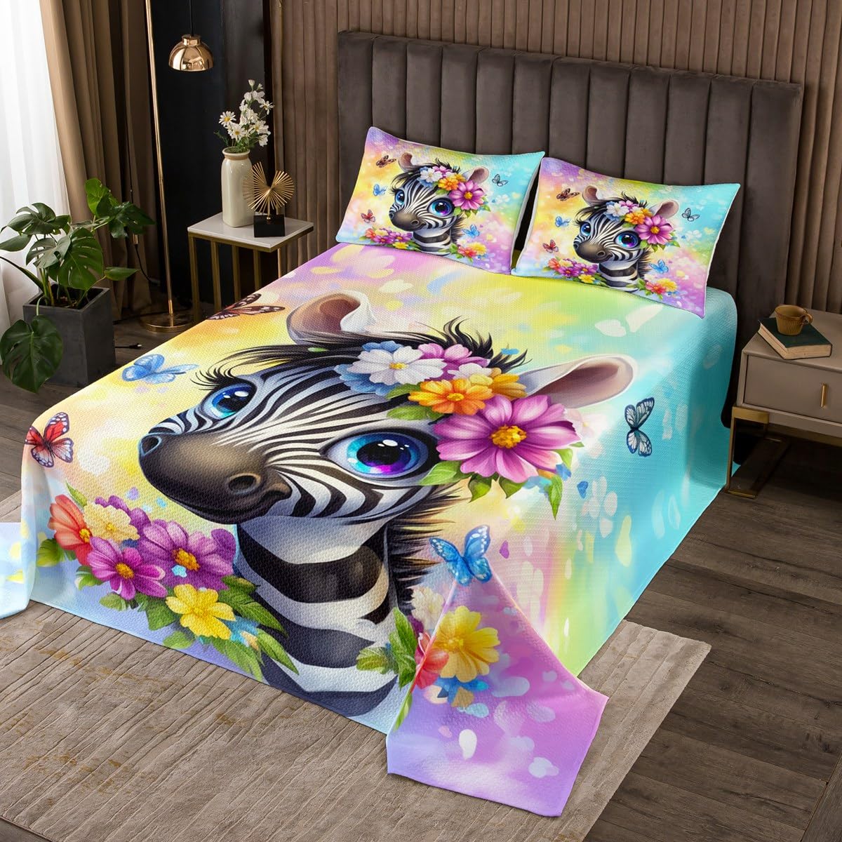 jejeloiu Zebra Bedspread Kids Zoo Animal Flroal Coverlet Set Twin Size Black and White Quilted Coverlet for Room Decor Soft Girl Butterfly Blossom Pink Purple