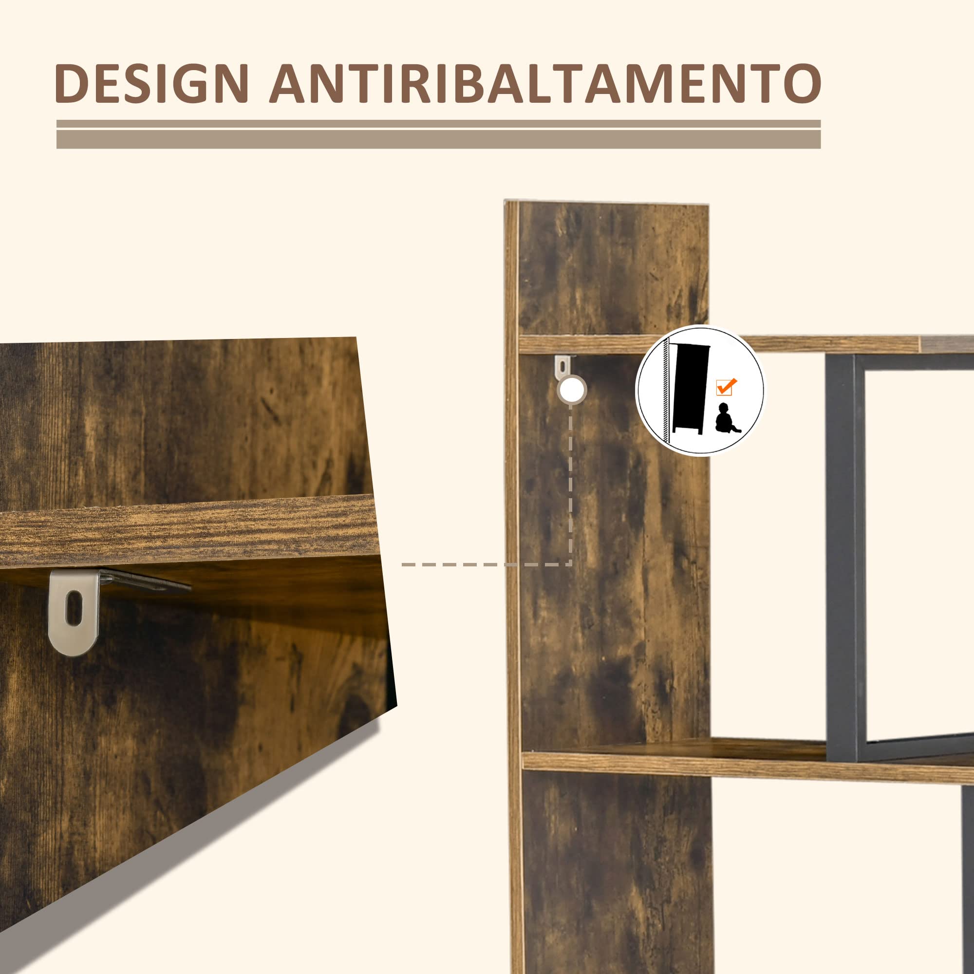 HOMCOM Libreria Antiribaltamento Stile Industriale, Scaffale Vintage con 5 Ripiani in Truciolato, 102x30x160cm
