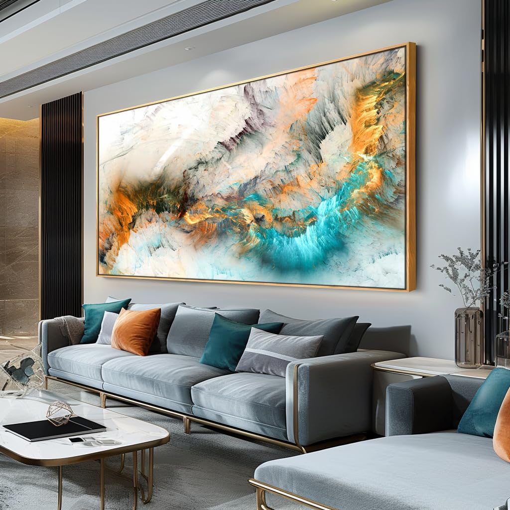 Photo 1 of Wall Art Framed Light Gray Blue Yellow Cloud Abstract Canvas Frames - Canvas Painting Wall Art Print Poster for Living Room Decoration 30"x60" with Frame
