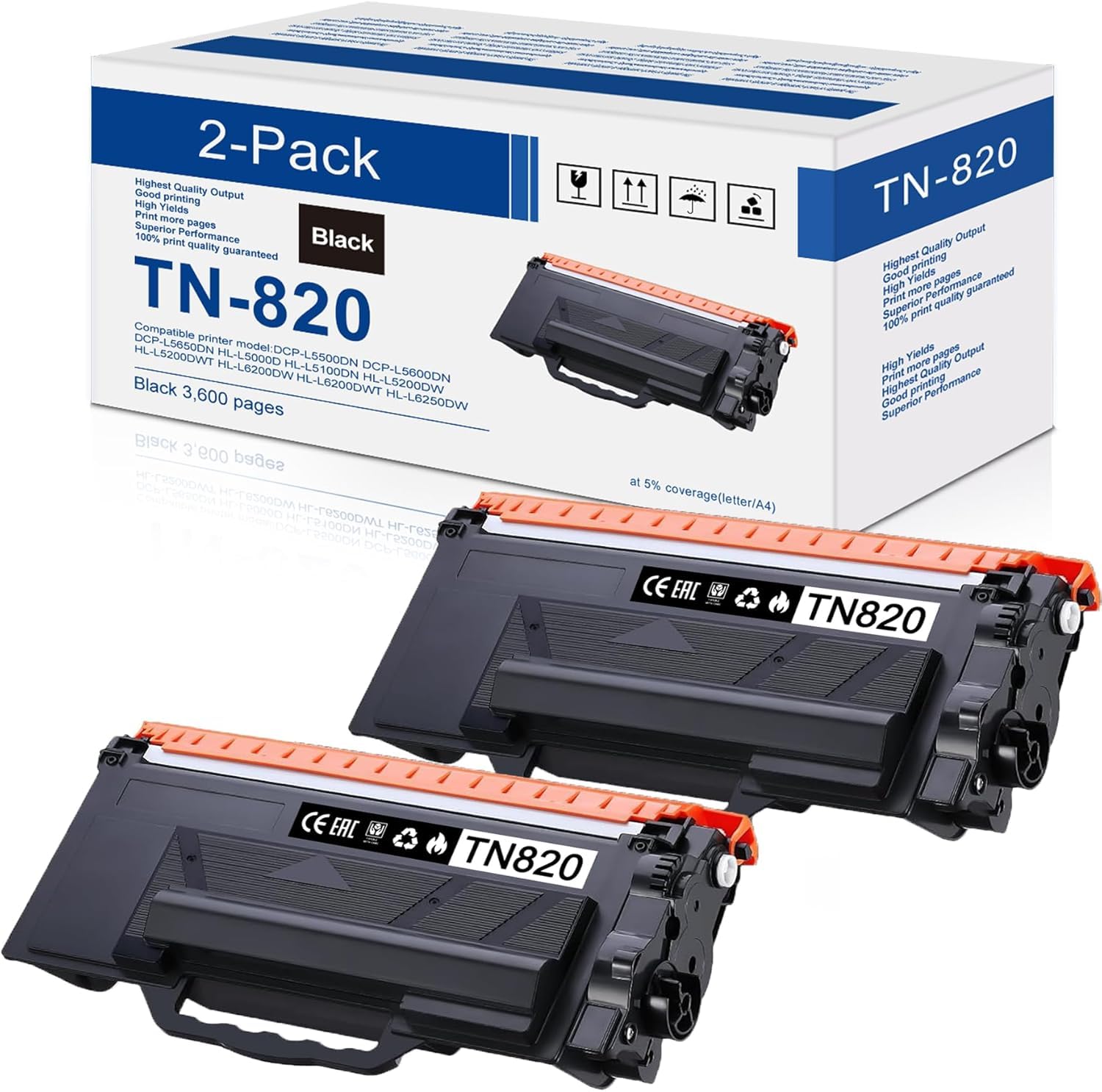 TN-820 Toner Cartridge Replacement for Brother TN820 Black Toner Cartridge HL-L6200DW MFC-L5850DW MFC-L5700DW HL-L5200DW MFC-L5900DW Printer 2-Pack