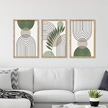ZZJJHYWGQ Sage Green Boho Wall Art Decor, Set of 3, 16"x11", Wood