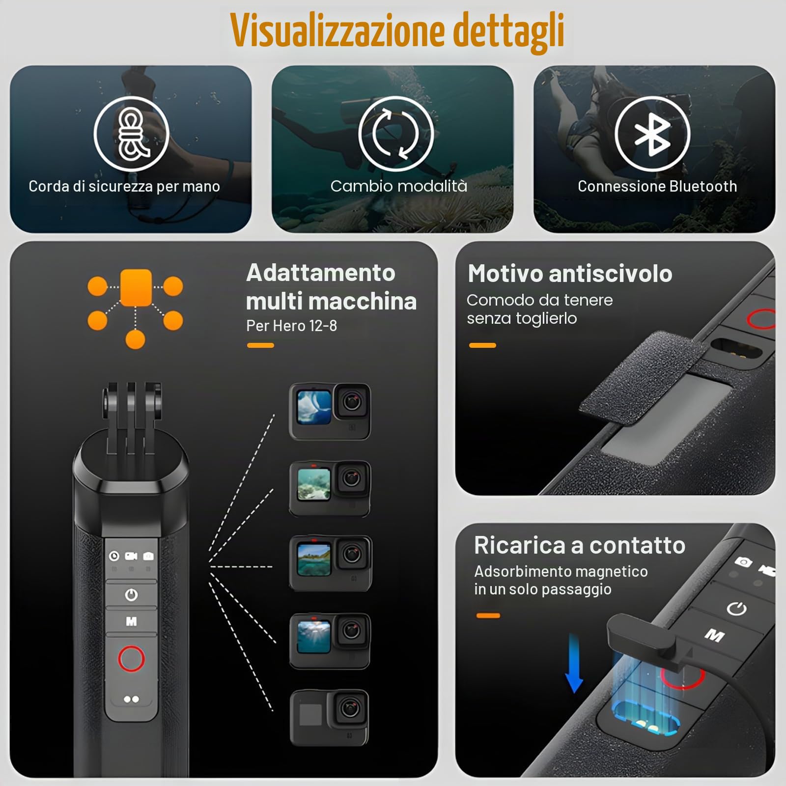 Selfie stick con impugnatura subacquea, monopiede impermeabile con telecomando Bluetooth, impugnatura galleggiante per fotocamera subacquea, adatta per action cam GoPro Hero 13/12/11/10/9