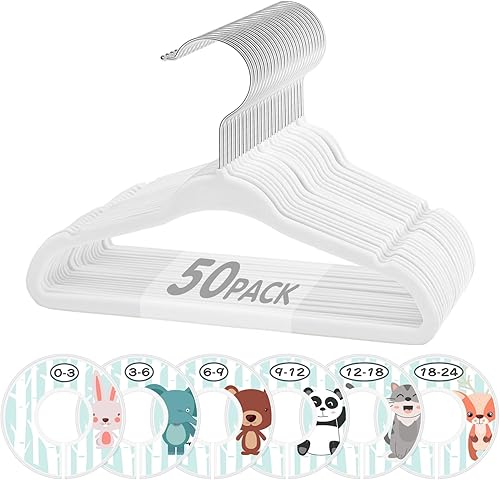 VIS'V - Perchas de terciopelo para niños, 11 pulgadas, color blanco, antideslizantes, para ropa de bebé, con 6 bonitos divisores de ropa para bebés,