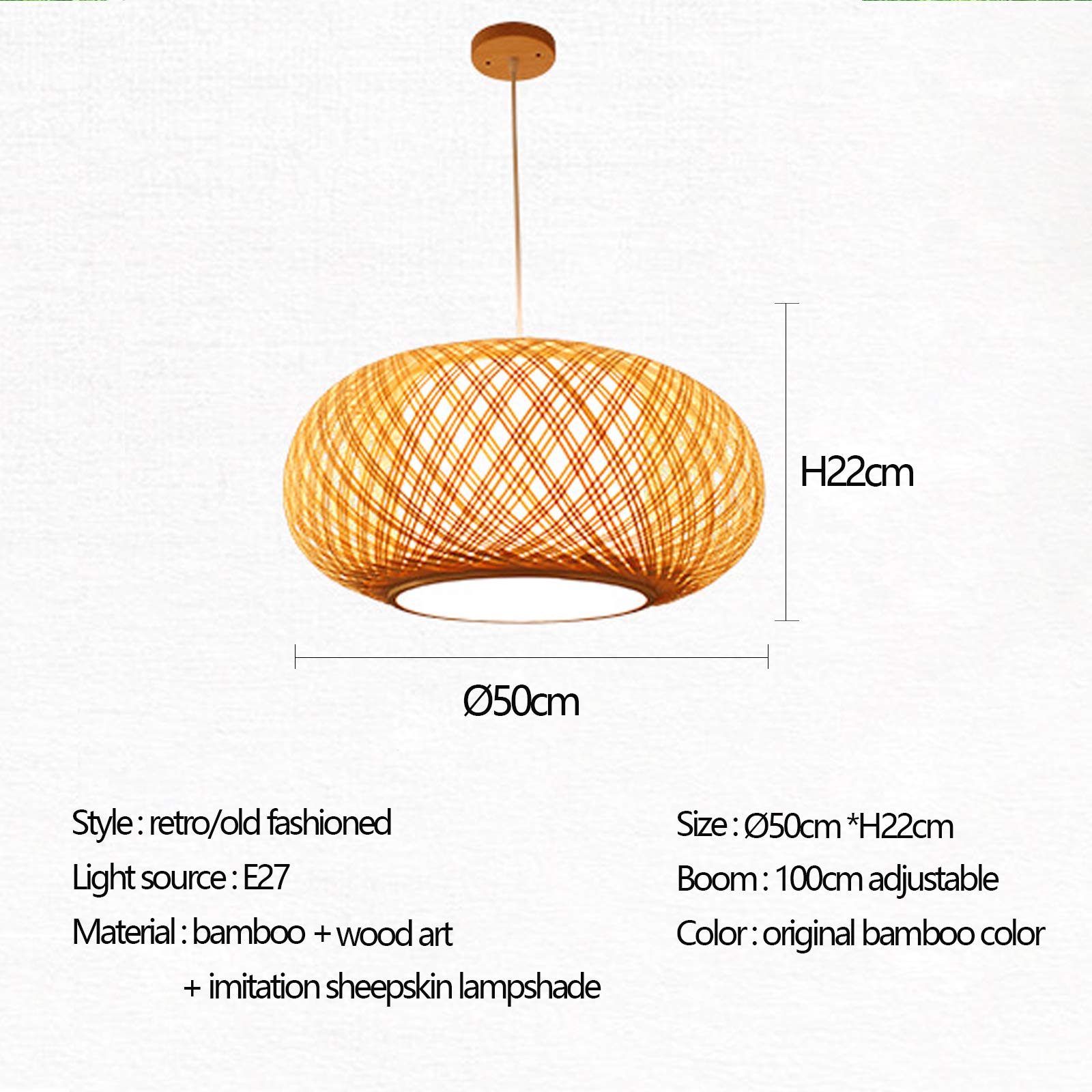 E27 lampa wisząca w stylu retro, naturalny bambus, ręcznie tkana, lampa wisząca, styl vintage, drewno, lampa sufitowa, regulacja wysokości, do jadalni, salonu, sypialni, kuchni, kawiarni, 50 cm