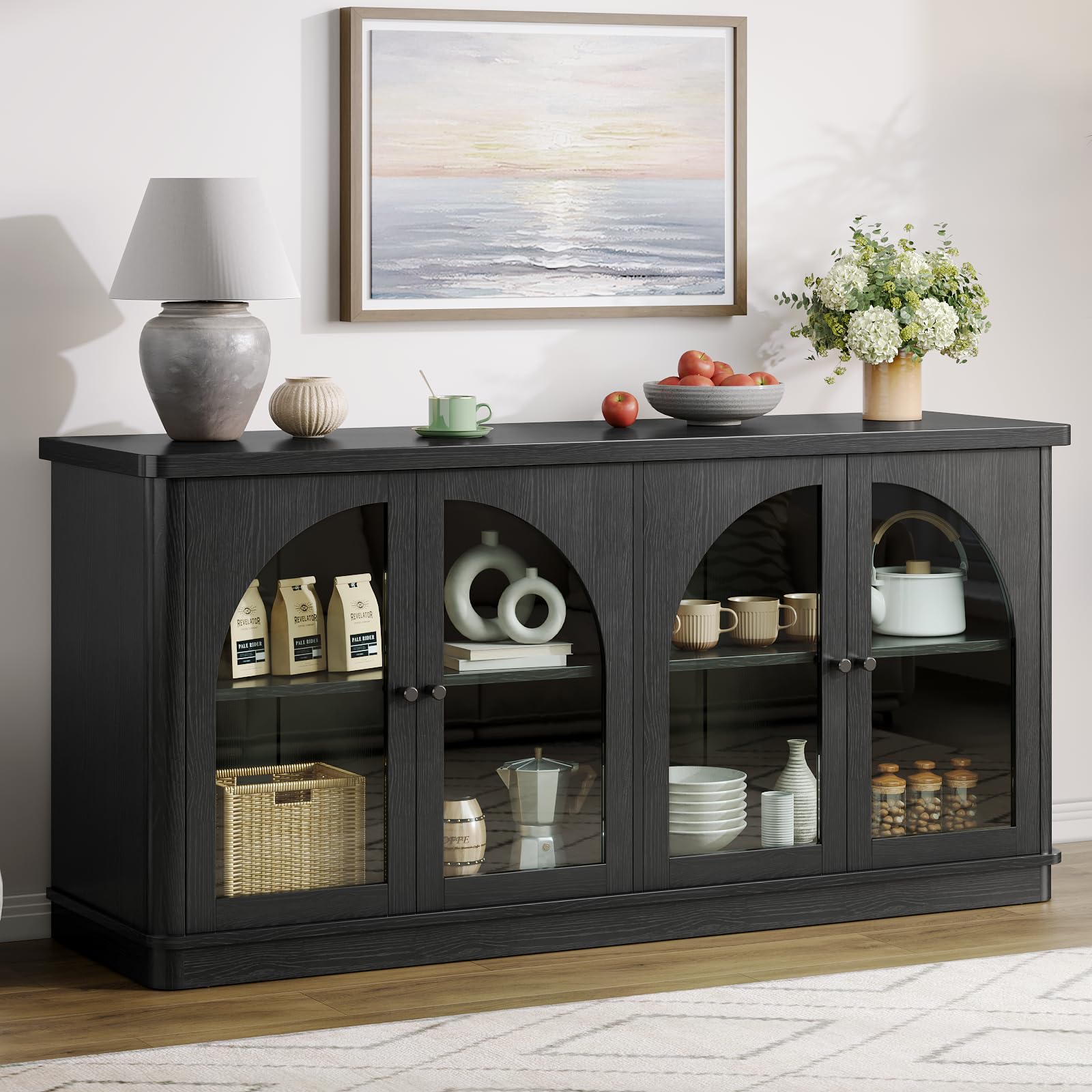 ONBRILL 63 Inch Sideboard Buffet Cabinet with Arched Glass Doors in Black
