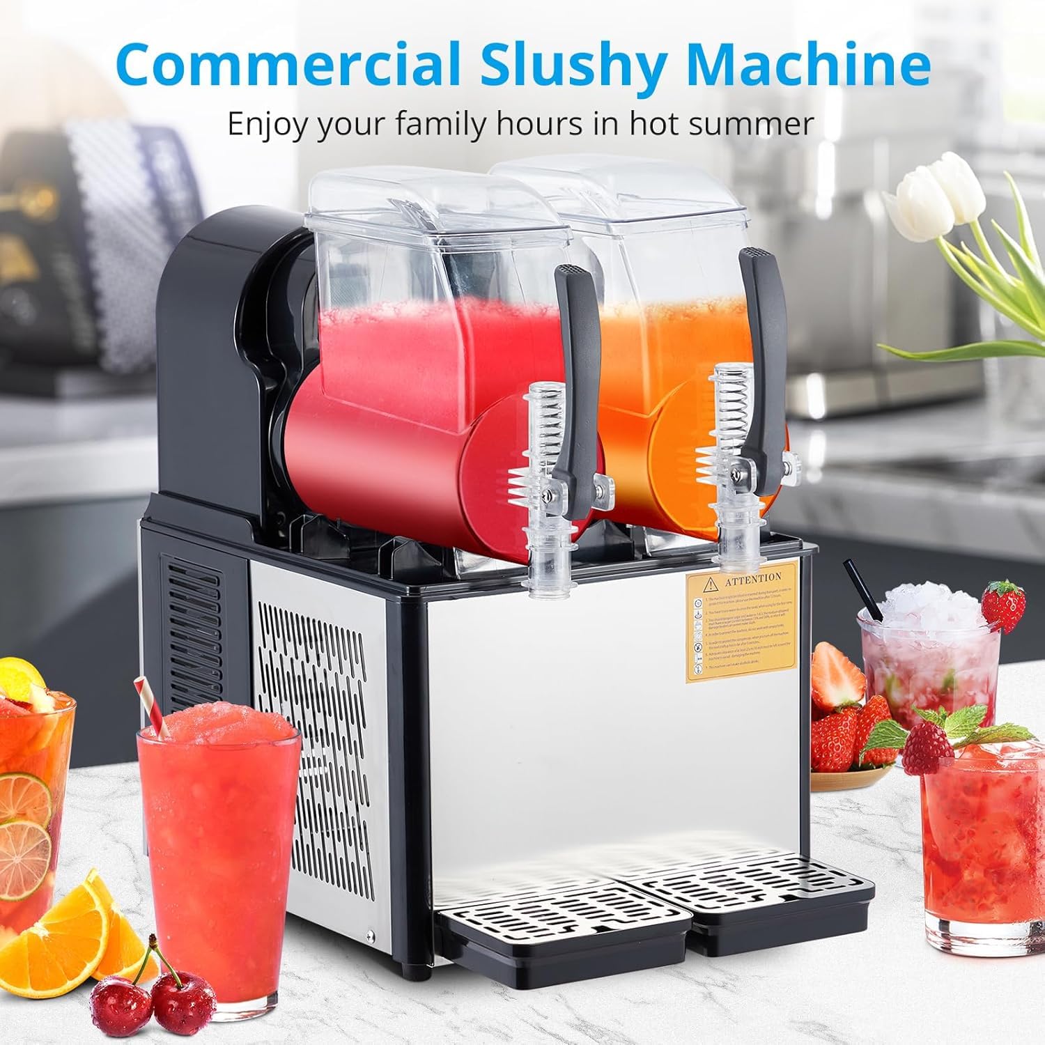 GarveeTech Commercial Slushie Machine - 4Lx2 Dual Tanks, 370W Stainless Steel, Self-Cleaning, Perfect for Frozen Drinks & Snow Melting, Ideal for Home, Coffee Shops & Restaurants, Black