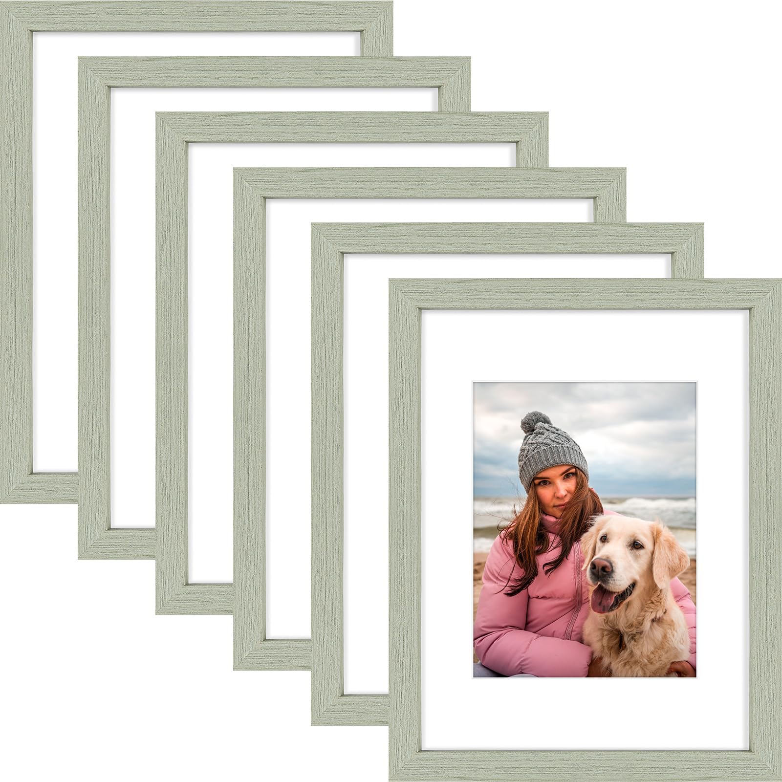 AUEAR 9x12 Picture Frames Set of 6, with Mat for 6x8 or 9x12 Without Mat, Composite Wood Gallery Photo Frames with Plexiglass, Wall Mounting (Light