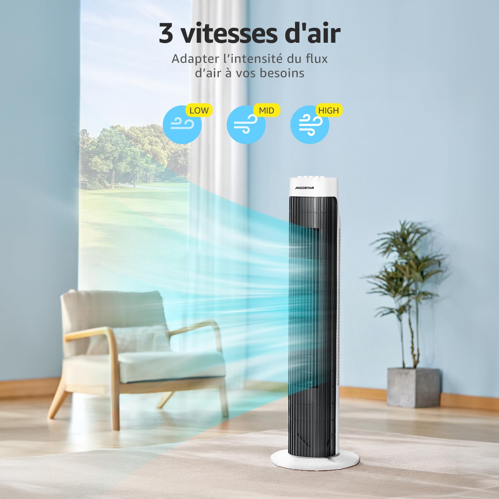 Aigostar Ventilateur Colonne Silencieux 76cm, 3 Vitesses Puissantes, Oscillation 85°, Minuterie 120min, Économique 45W avec Poignée Intégrée, Noir & Blanc pour Chambre/Salon/Bureau-Ben