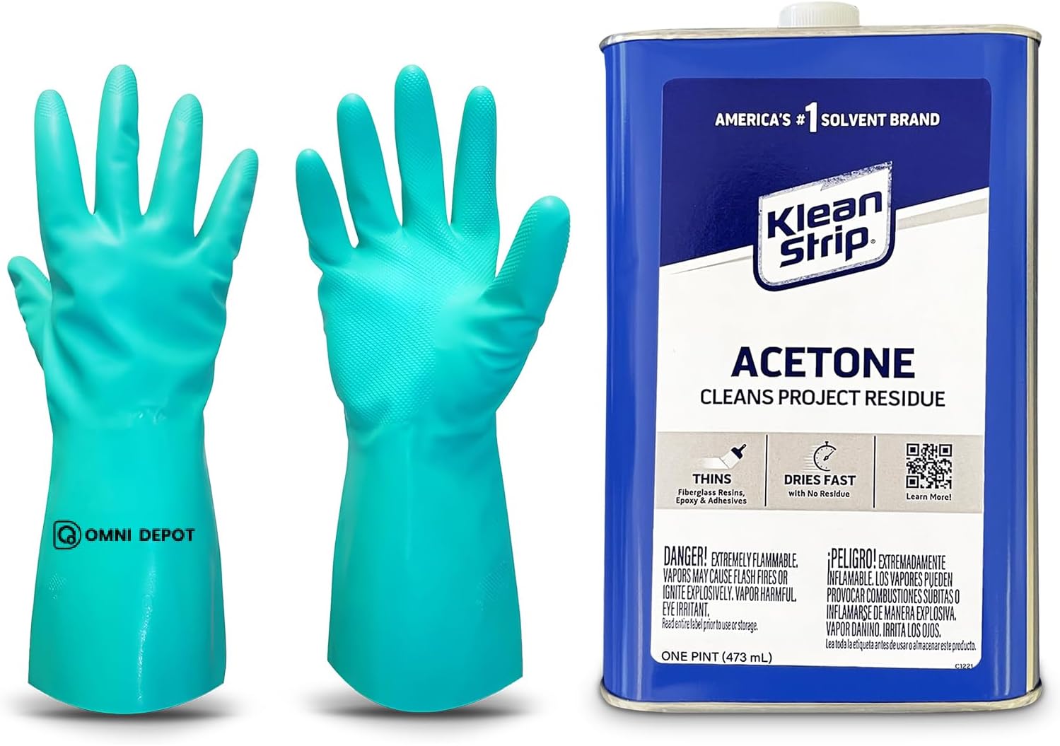 Acetone 16oz Premium Industrial-Grade Klean Strip Acetone Solvent for Cleaning, Stripping, Thinning, Fiberglass & Epoxy Resin Versatile Paint & Adhesive Remover Bundled with Omni Depot Gloves