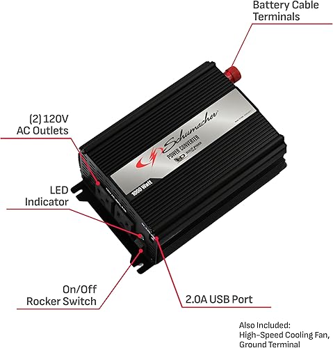 Miniatura 6 de Schumacher SI1000 - Inversor de corriente CC a CA  1000 W ACUSB  para convertir la energía del vehículo a energía doméstica para camping, portón