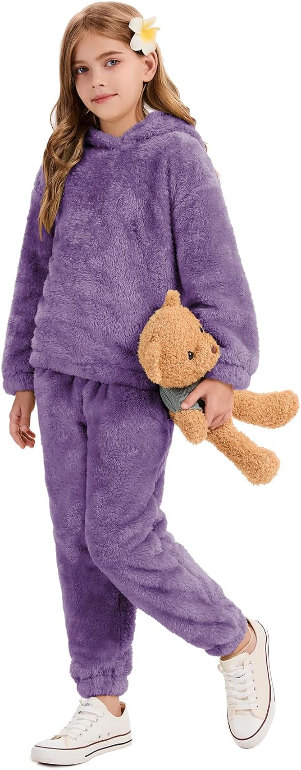 Flygo Girls Fuzzy Pants Set Crop Hoodie Bear Ear Two Piece Outfits Fluffy Sweatshirt and Fleece Pants Sweatsuit - Image 2
