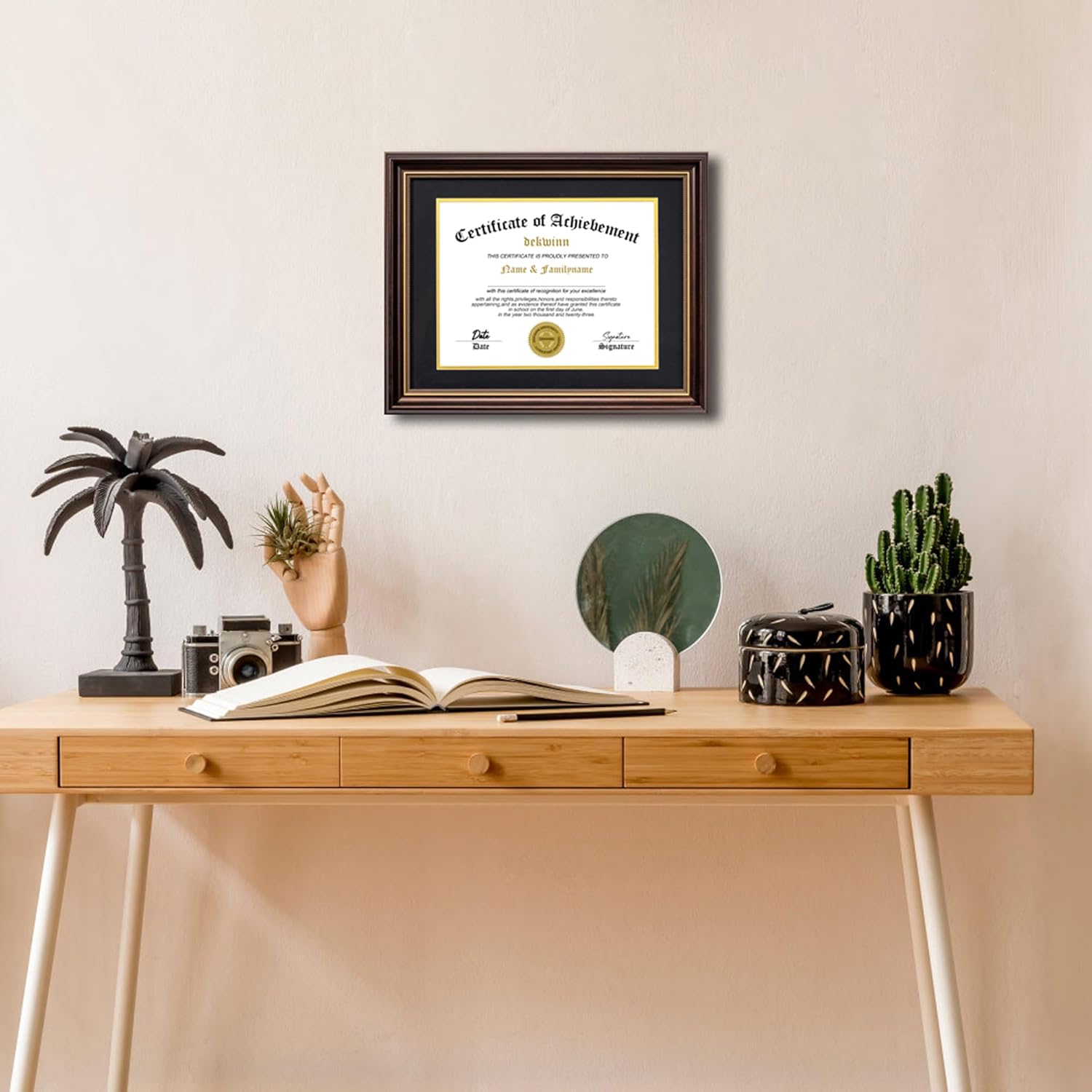 Diploma Frames 8.5x11 with Mat or 11x14 without Mat,1 Pack Reddish Brown/Gold Trim Certificate Document Picture Frame,Real Glass(Black/Gold Double Mat)
