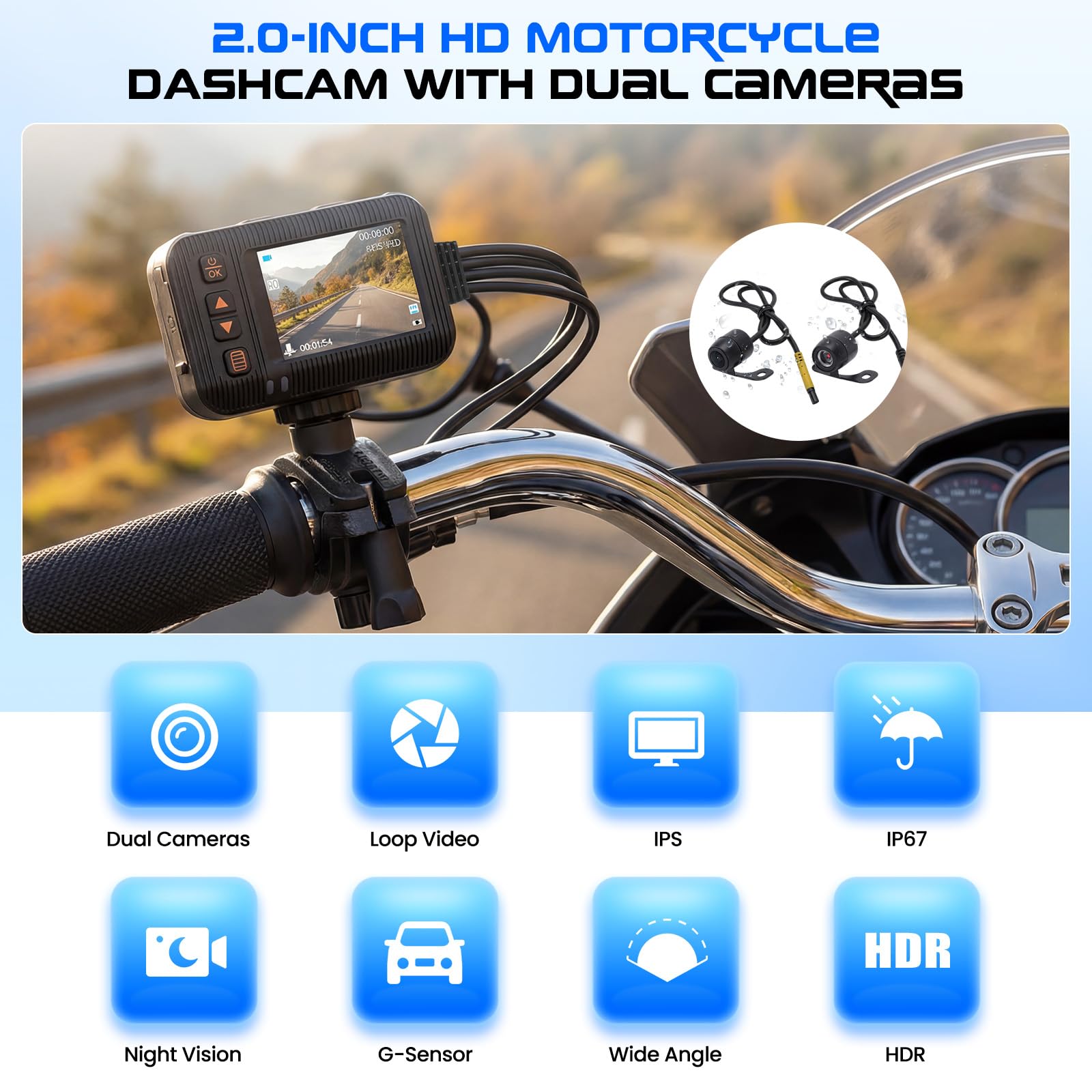 CAMECHO 1080P HDR Dashcam per Moto con Telecamera Anteriore + Posteriore, Sensore G Dash Cam Moto con Registrazione in Ciclo, IP67, Schermo IPS HD da 2 Pollici, Supporto Universale per Moto