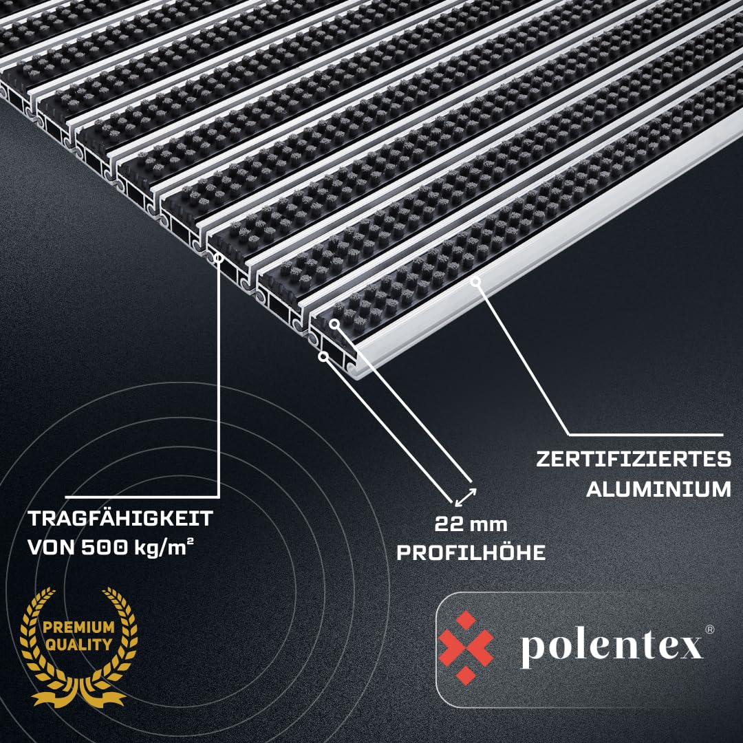 Premium Aluminium Fußmatte Heavy Duty mit Rahmen, 60x40, Grau, Industriell 22 mm, Bürsteneinlage, 500 kg/m² Tragfähigkeit, für Innen & Außen, Witterungsbeständig, Systemfußmatte