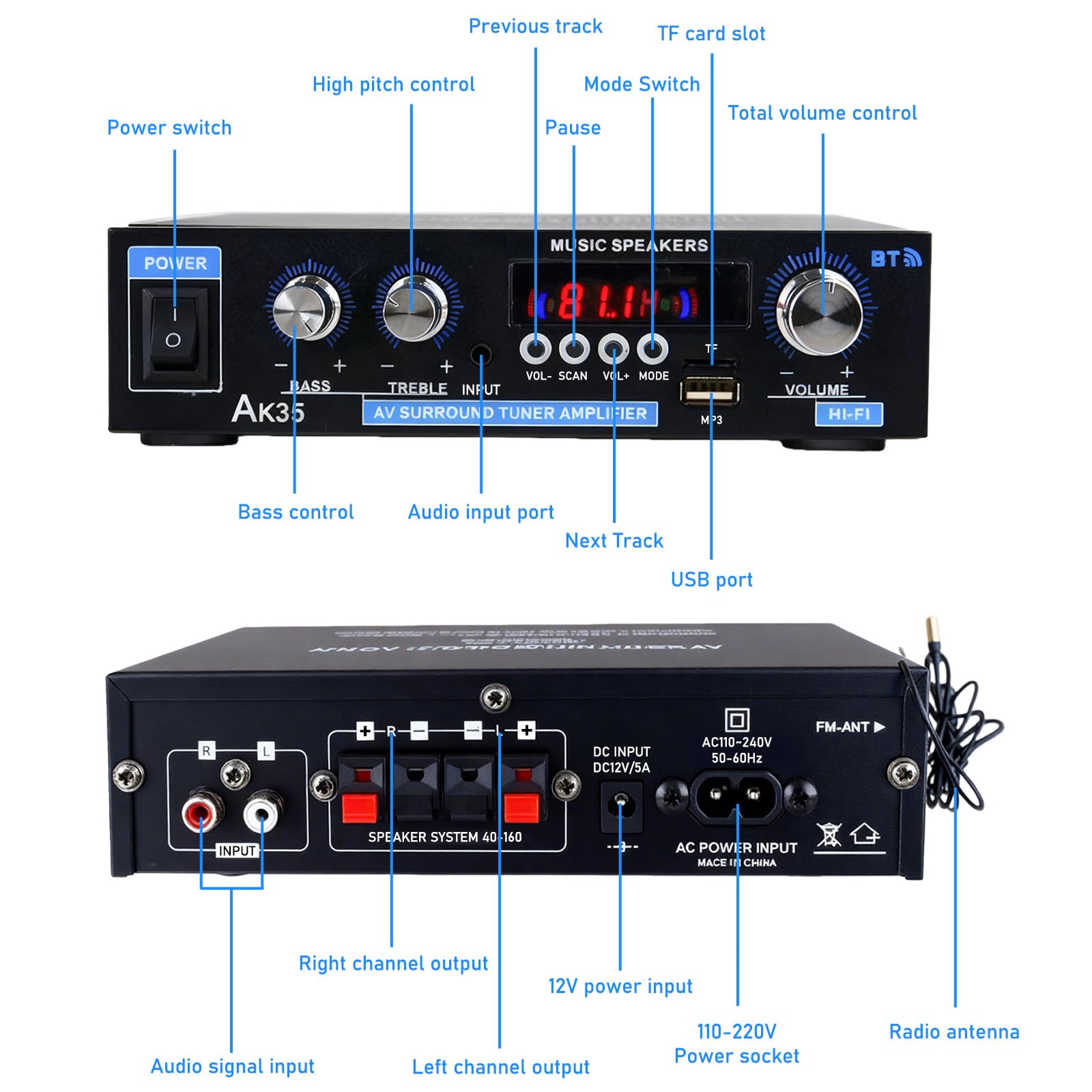 AK35 Amplificatore HiFi Bluetooth 5.0 2.0 Canali 30W X 2 Amplificatore Stereo HiFi Amplificatore Finale di Potenza Mini Radio Audio Amplificatore Ricevitore con Radio FM, Telecomando, Scheda SD, USB
