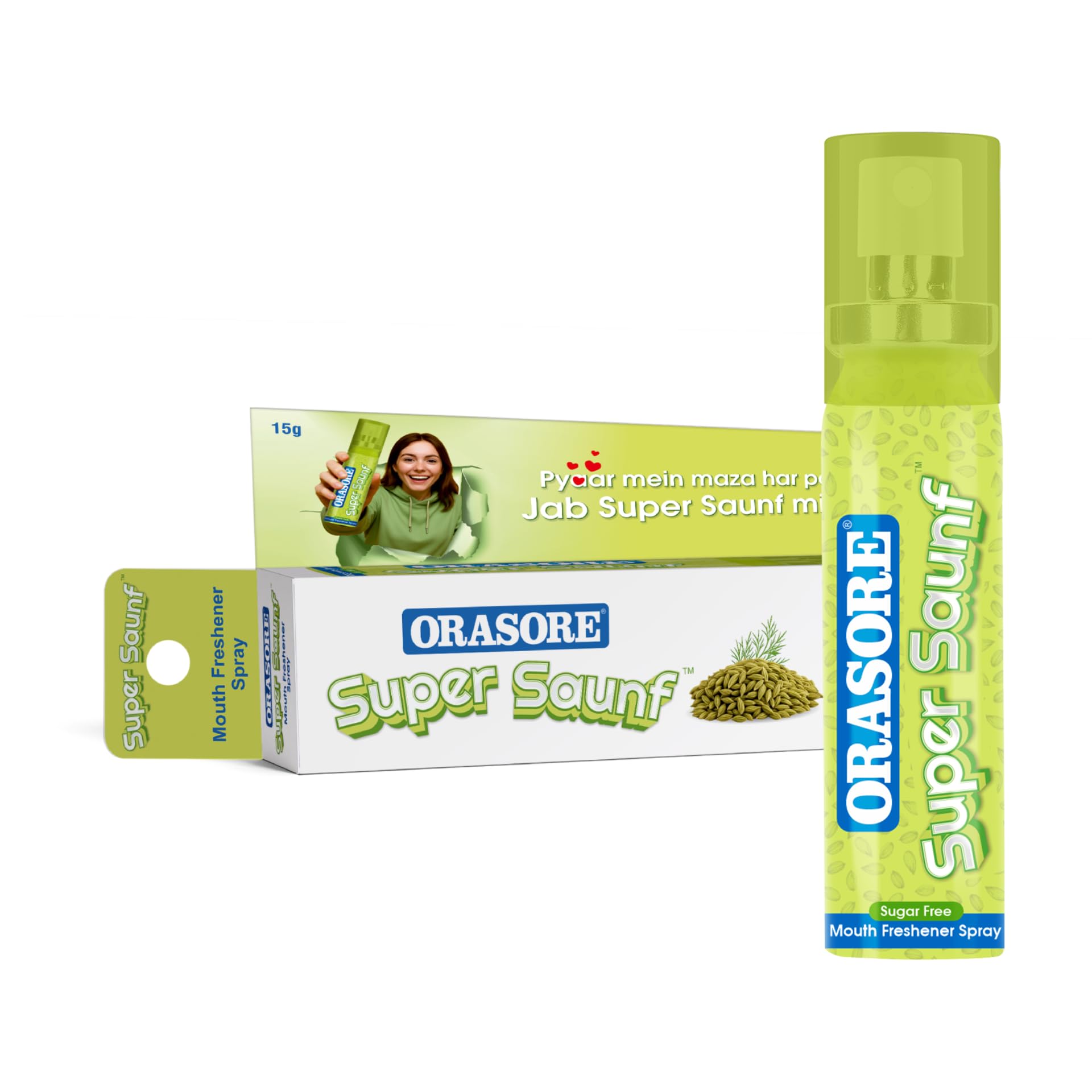 Orasore Super Saunf Sugar Free Mouth Freshener Spray 15g | Instant Bad Breath Solution with Long-Lasting Freshness | 200+ Sprays | Alcohol-Free, Pocket Friendly & Refreshing Sounf Flavour