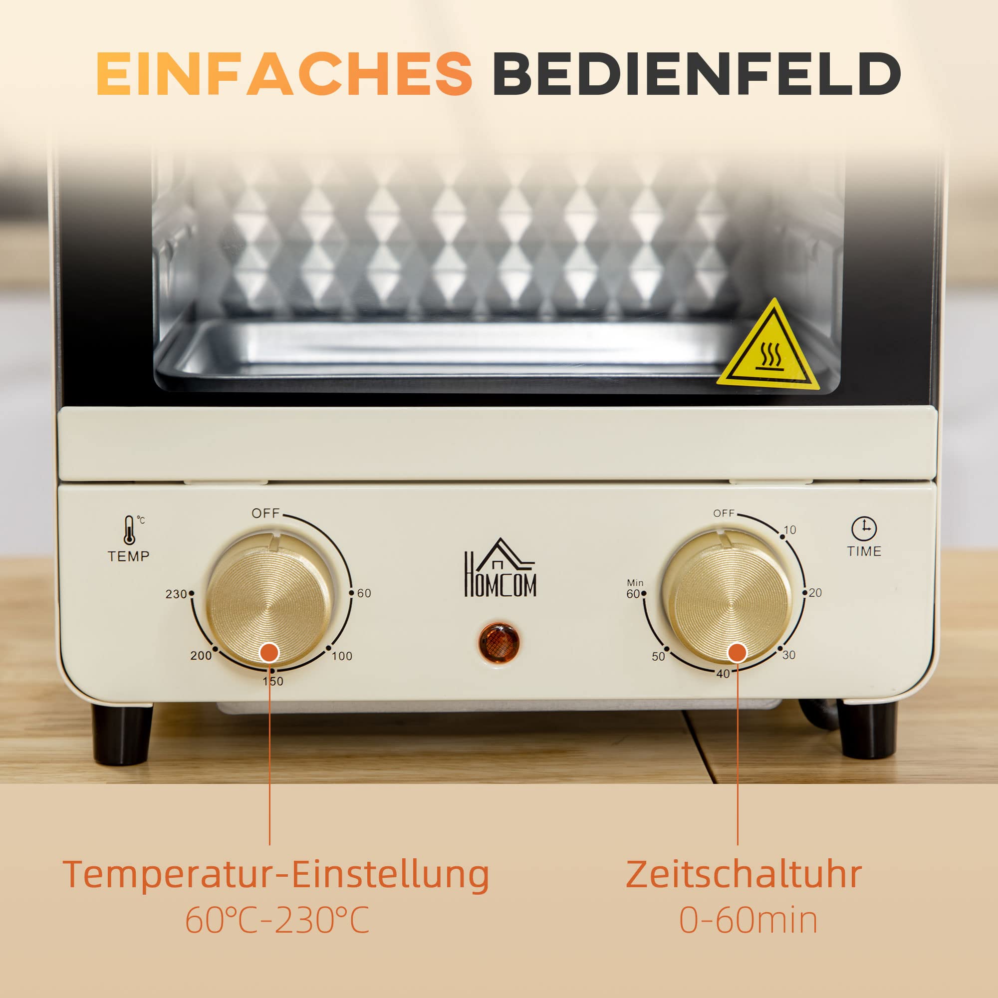 HOMCOM Mini Backofen 15 L 1000 W 60-230℃ inkl. Krümelblech, Backblech und Grillrost, Minibackofen mit 60 Min. Timer Cremeweiß