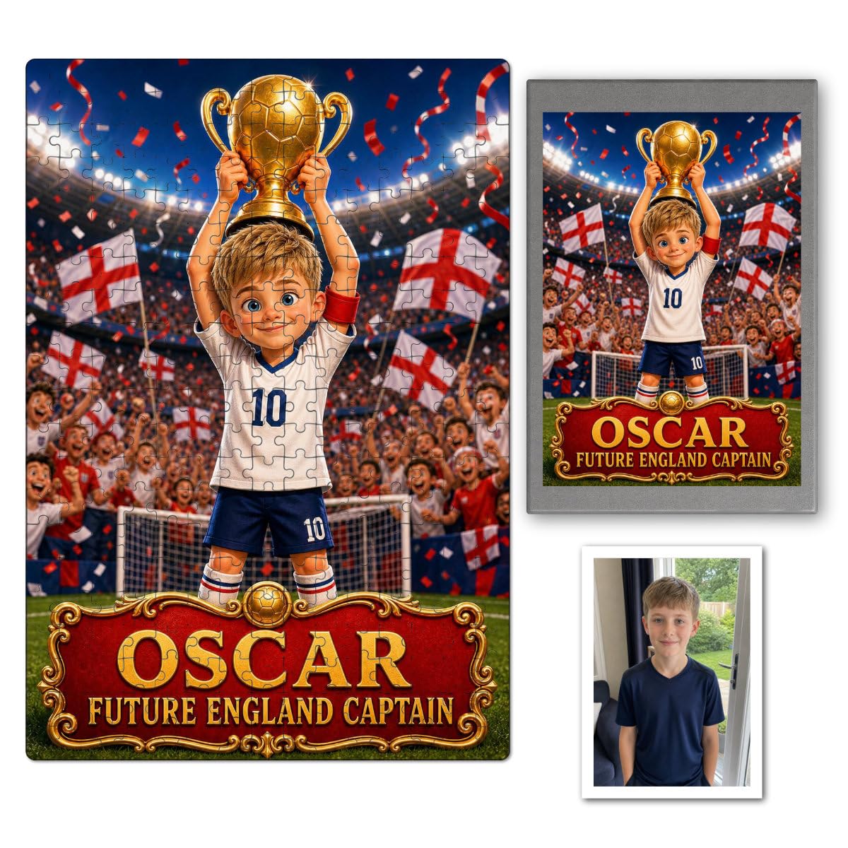 Personalised England Football Captain Jigsaw From Photo, Custom Text custom jigsaw puzzle Gift, England Future Captain Keepsake For Birthday Christmas