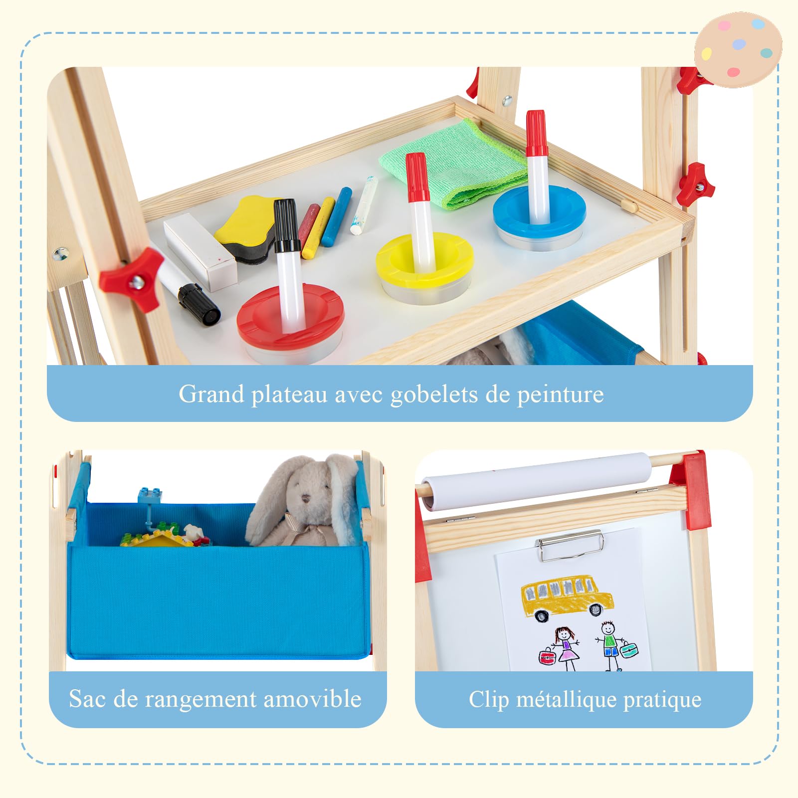 GOPLUS Chevalet en Bois pour Enfants Réglable en Hauteur, Double Face Tableau Noir et Blanc Magnétique, Rouleau de Papier Remplaçable, Aimants Lettres et Chiffres, Chevalet d'Art pour Les 3 à 8 Ans